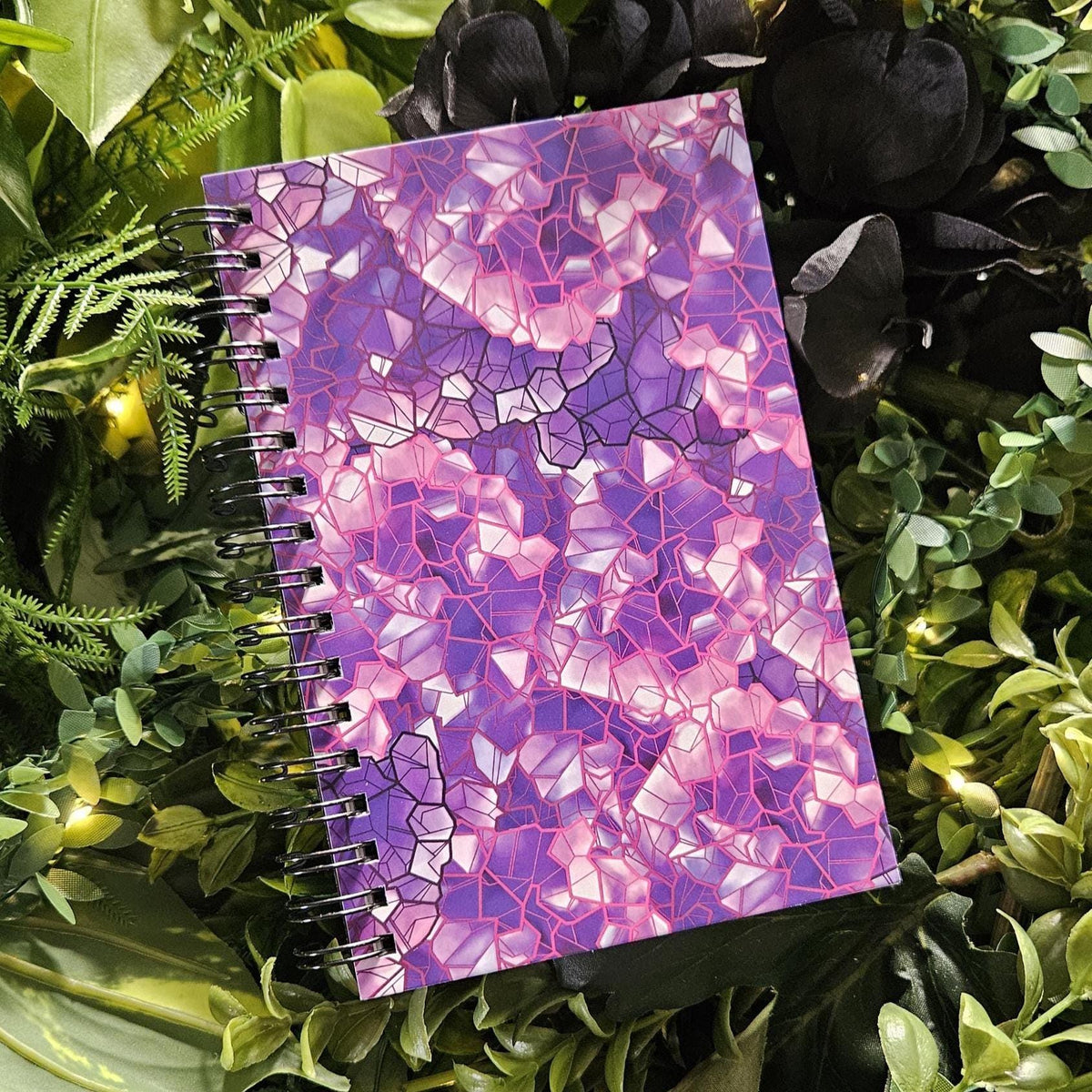 4x6 inches HANDMADE SPIRAL NOTEBOOK: Amethyst Crystal with Violets Acornandcrowstudio