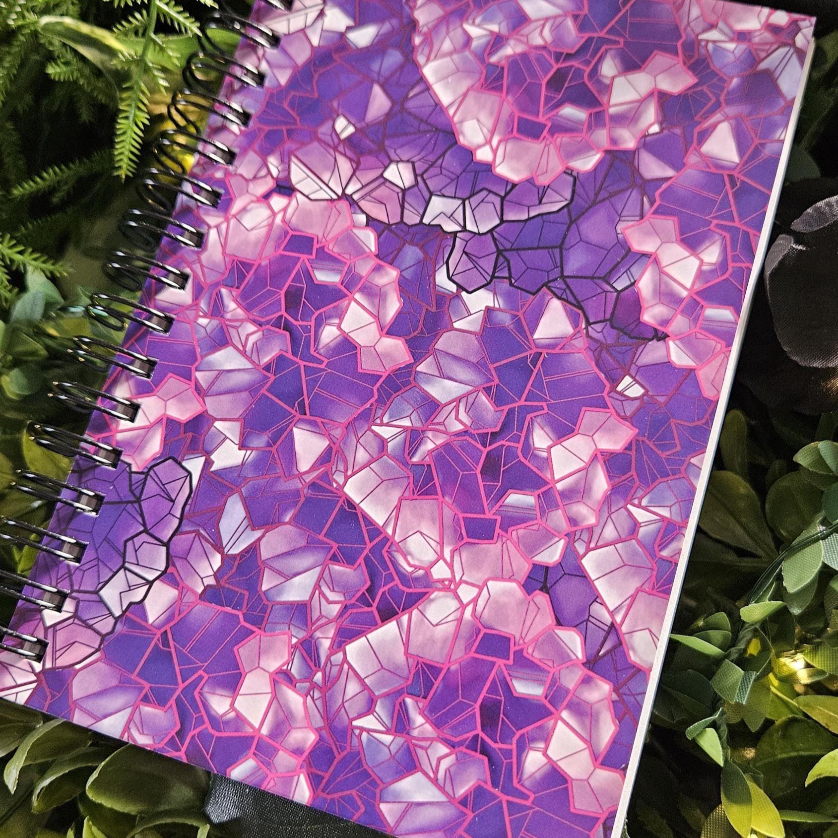 4x6 inches HANDMADE SPIRAL NOTEBOOK: Amethyst Crystal with Violets Acornandcrowstudio