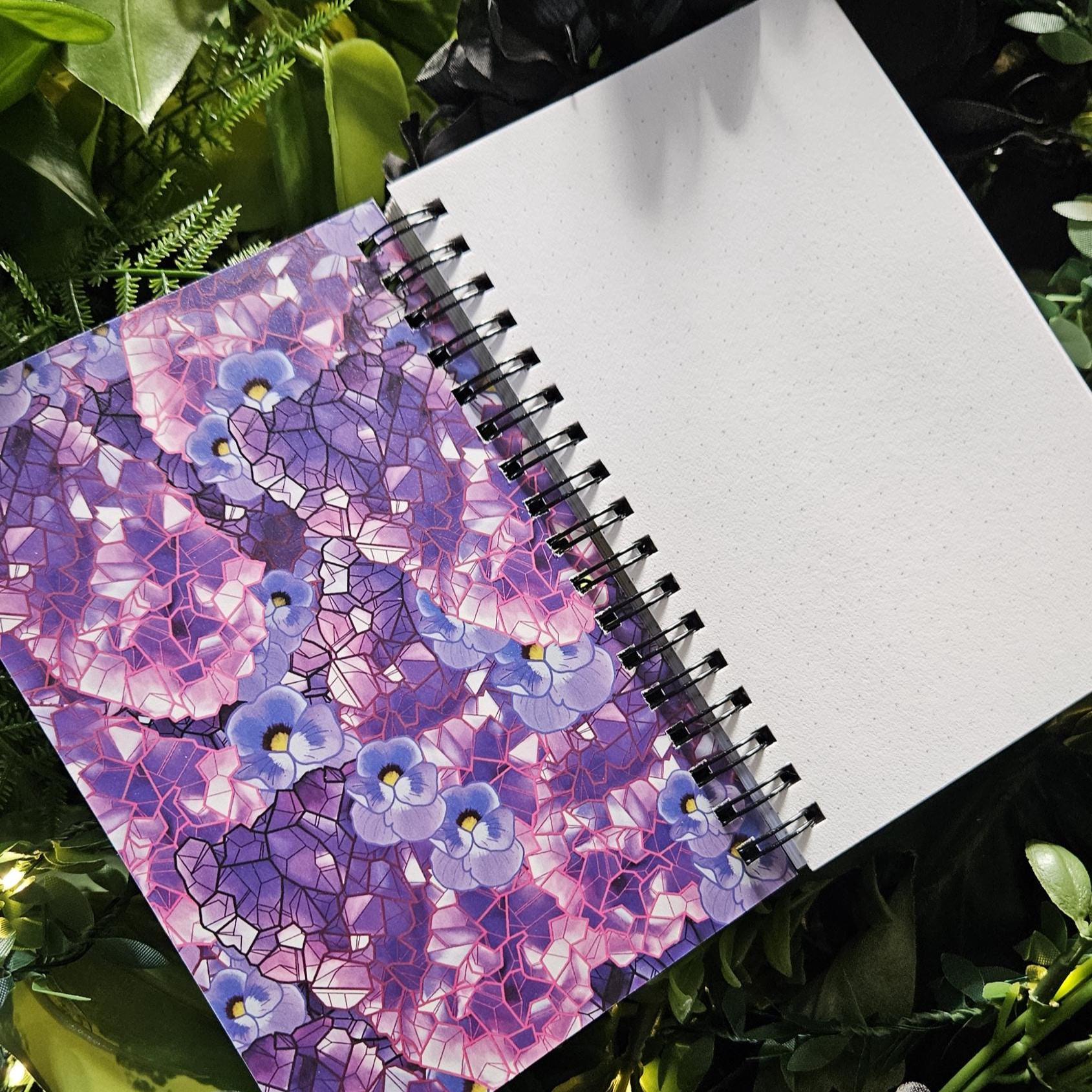4x6 inches HANDMADE SPIRAL NOTEBOOK: Amethyst Crystal with Violets Acornandcrowstudio