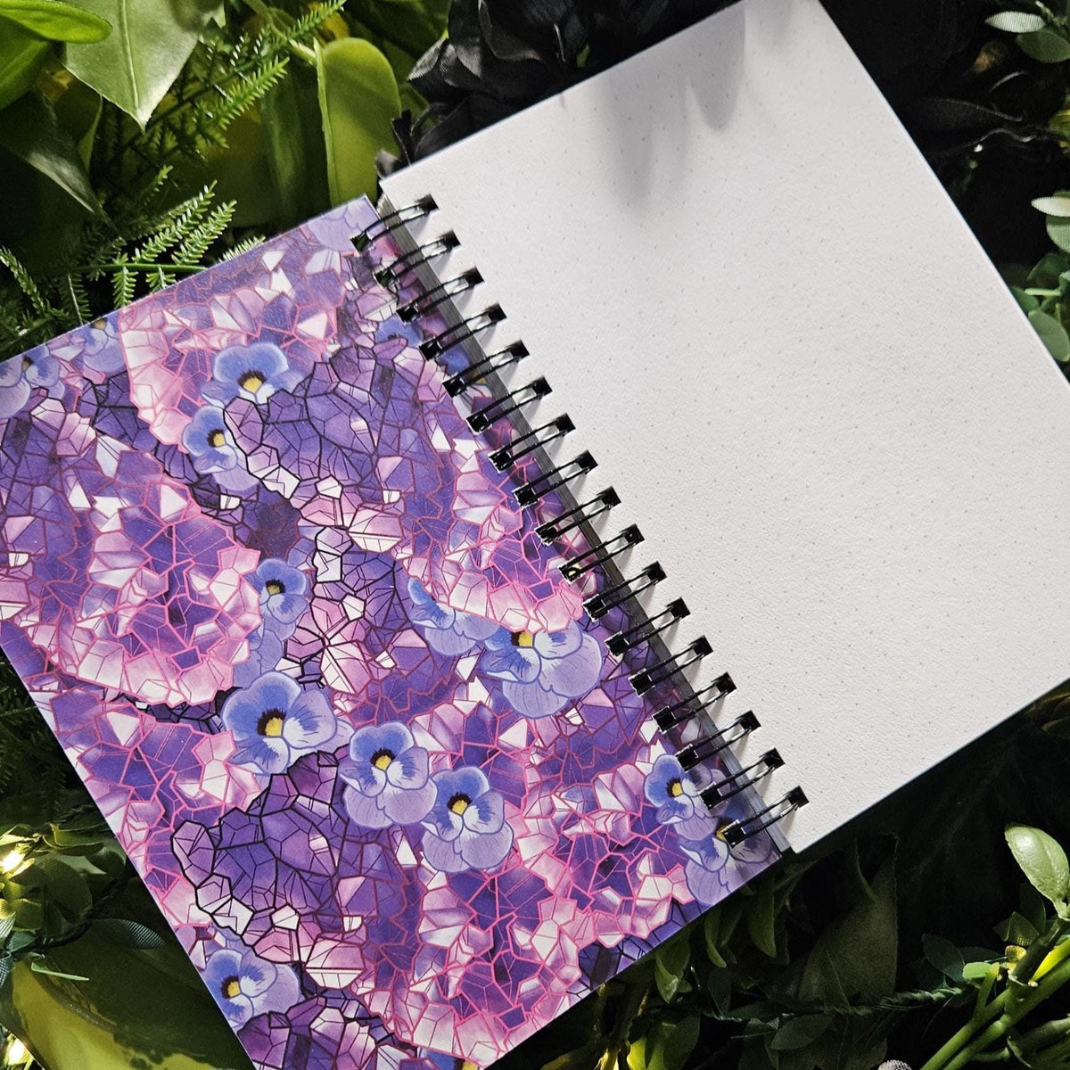 4x6 inches HANDMADE SPIRAL NOTEBOOK: Amethyst Crystal with Violets Acornandcrowstudio