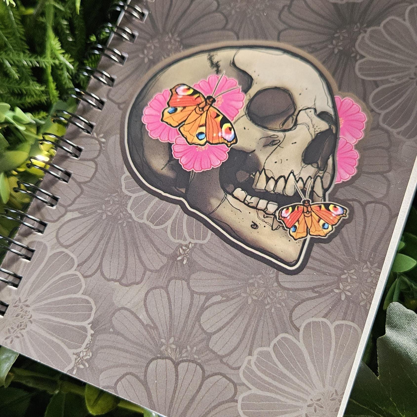 4x6 inches HANDMADE SPIRAL NOTEBOOK: Flourish Skull with Zinnia Flowers Acornandcrowstudio