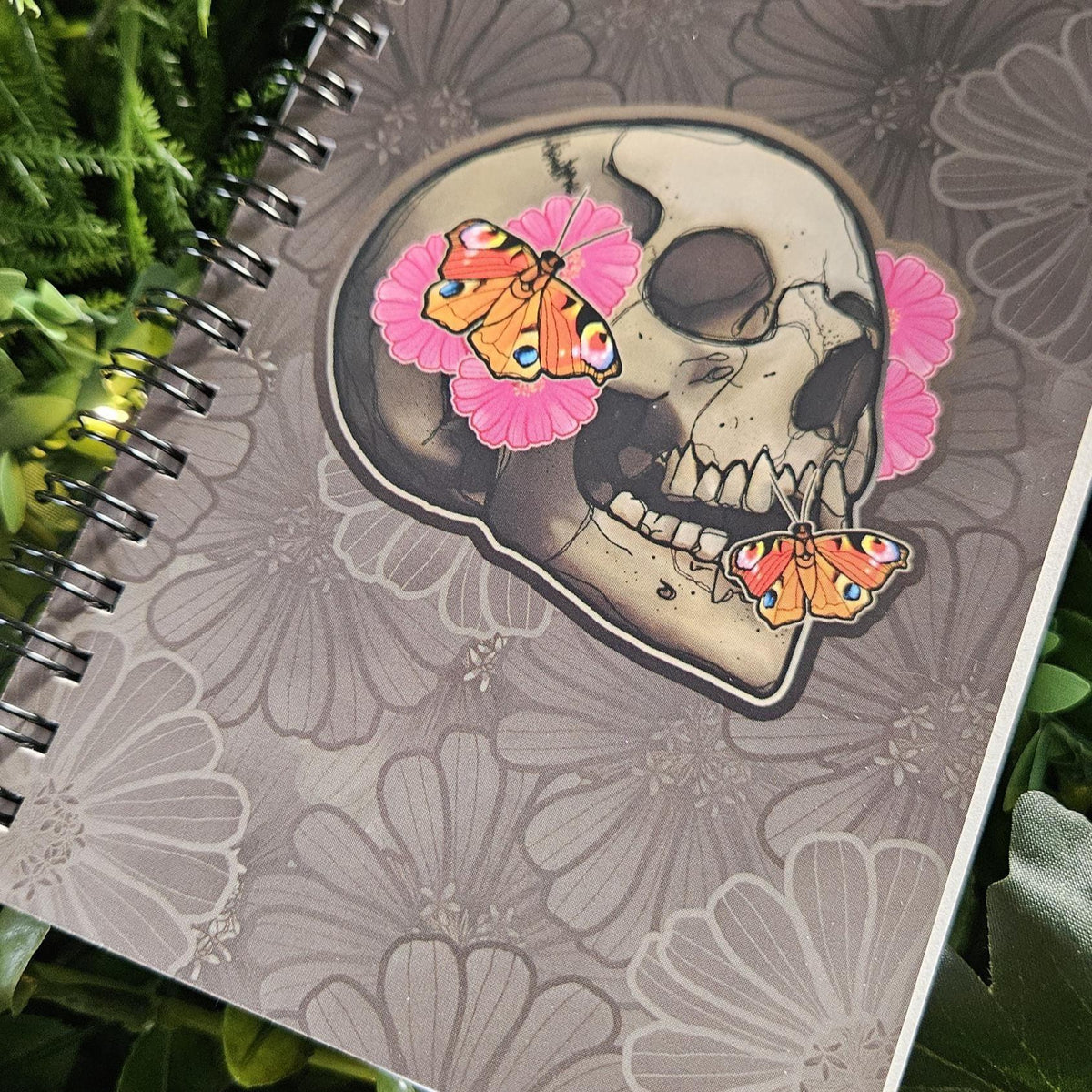 4x6 inches HANDMADE SPIRAL NOTEBOOK: Flourish Skull with Zinnia Flowers Acornandcrowstudio