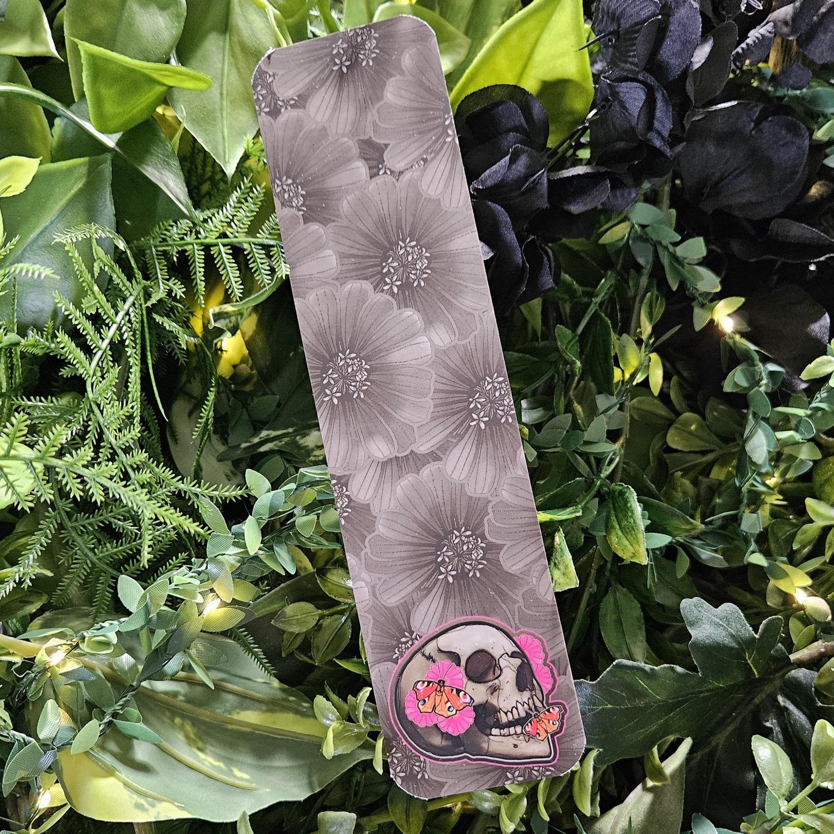 BOOKMARK: Flourish - Skull with Zinnia Flowers and Butterflies Acornandcrowstudio