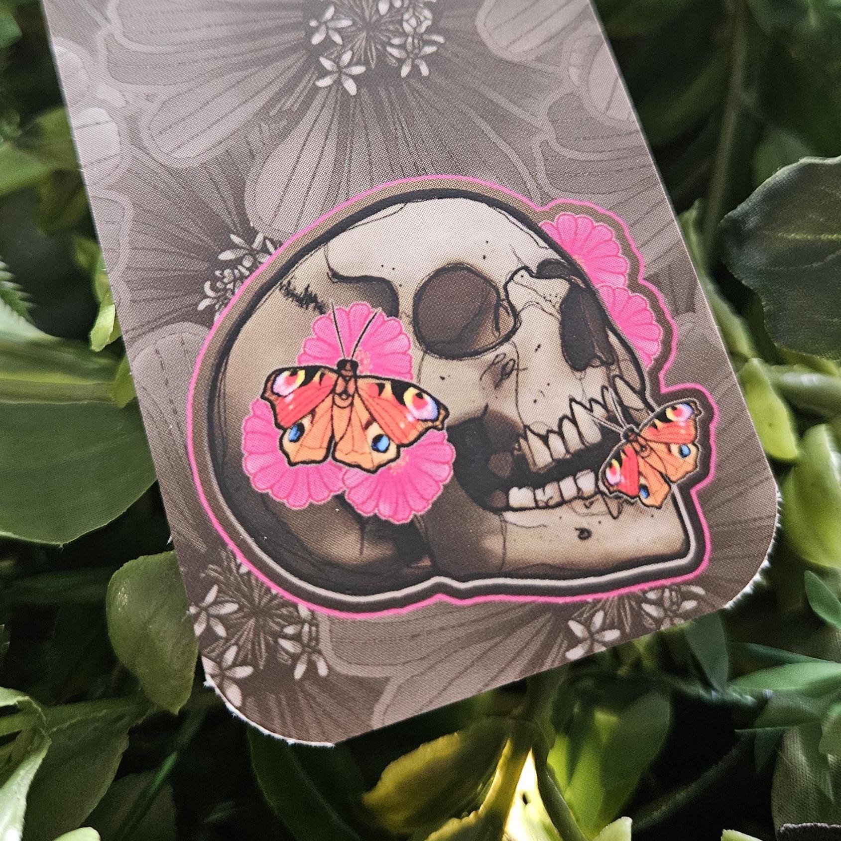 BOOKMARK: Flourish - Skull with Zinnia Flowers and Butterflies Acornandcrowstudio