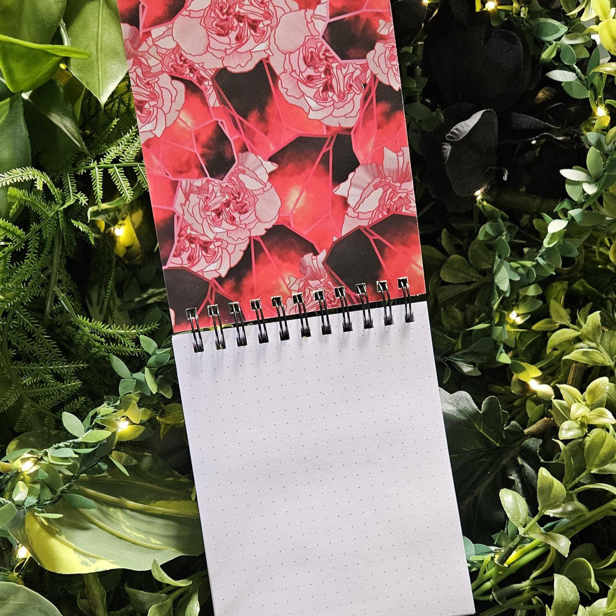 4x5 inches HANDMADE Top Bound SPIRAL NOTEBOOK: Garnet Crystal with Carnations Acornandcrowstudio