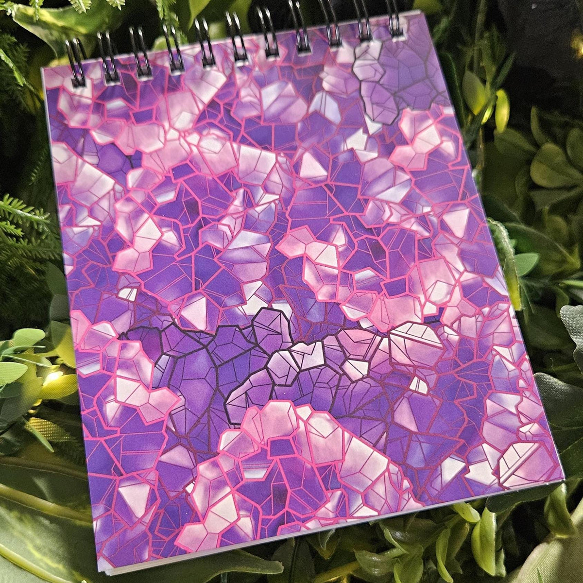 4x5 inches HANDMADE Top Bound SPIRAL NOTEBOOK: Amethyst Crystal with Violets Acornandcrowstudio