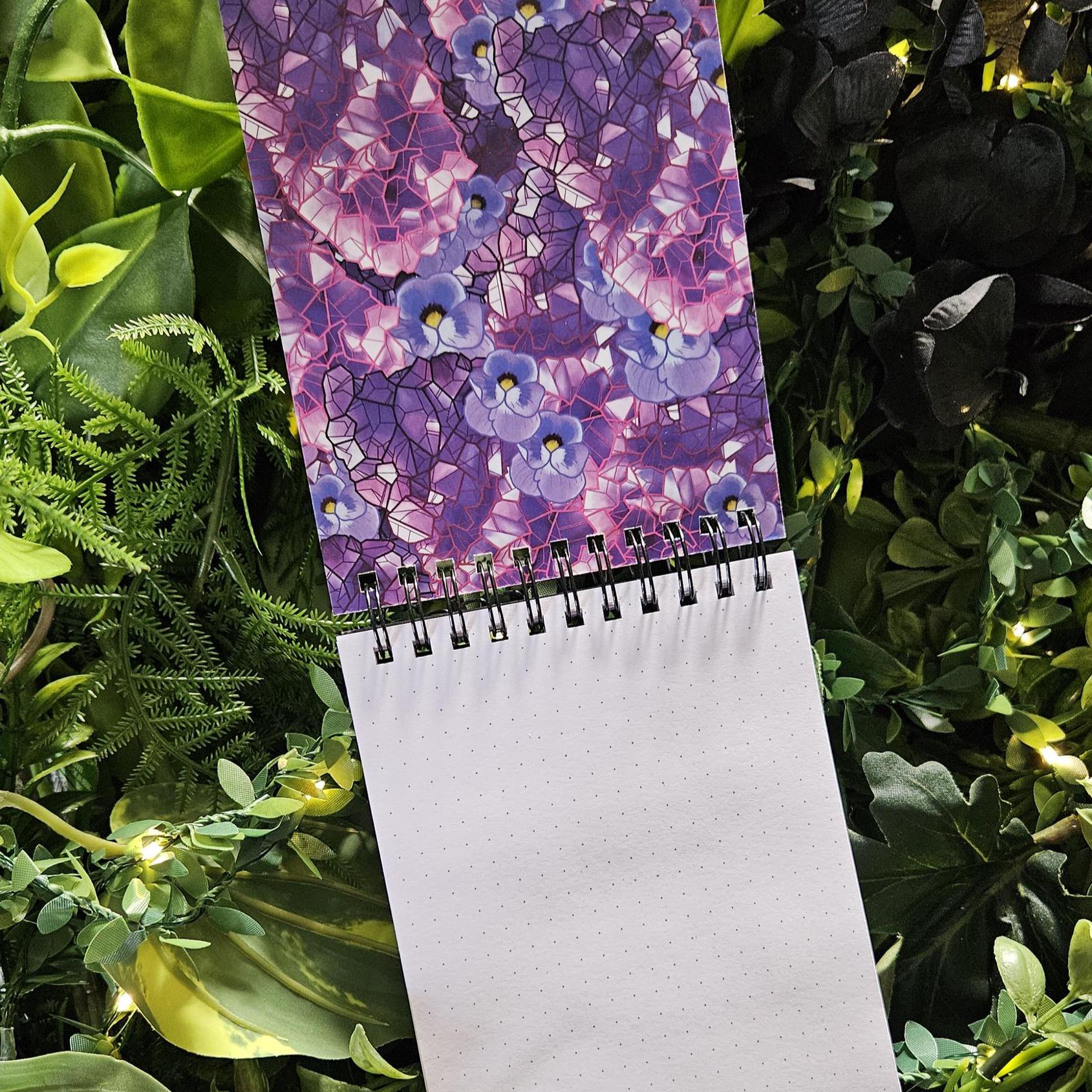 4x5 inches HANDMADE Top Bound SPIRAL NOTEBOOK: Amethyst Crystal with Violets Acornandcrowstudio