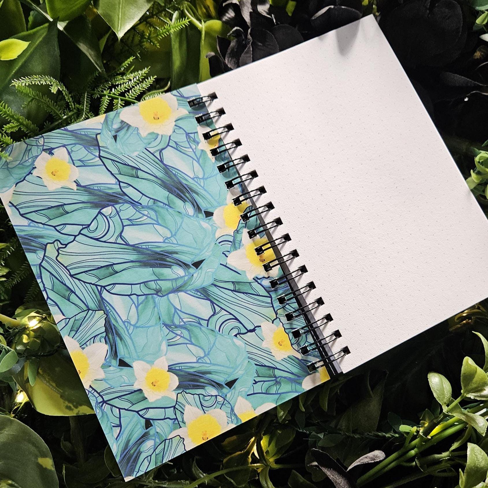 4x6 inches HANDMADE SPIRAL NOTEBOOK: Aquamarine with Daffodils Acornandcrowstudio