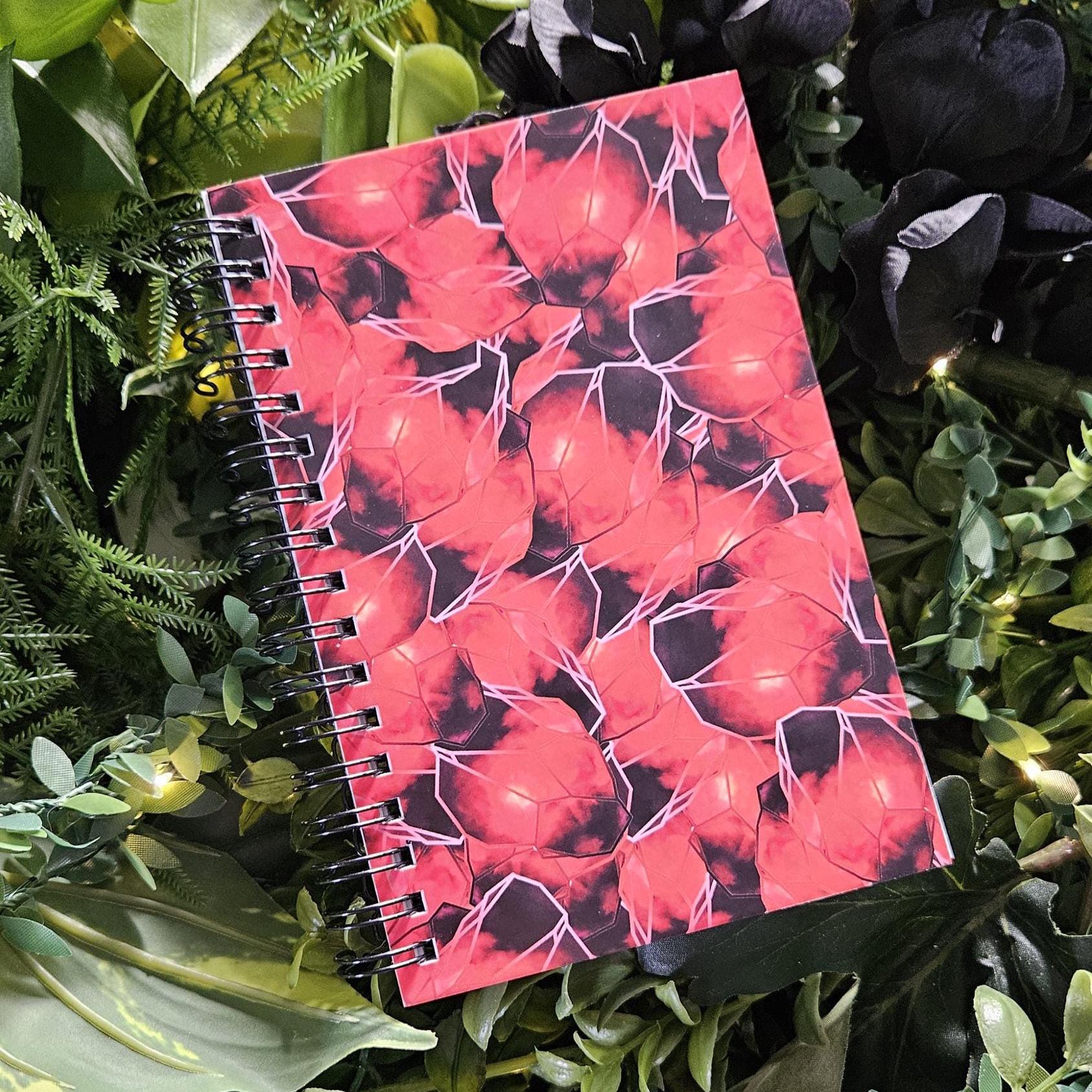 4x6 inches HANDMADE SPIRAL NOTEBOOK: Garnet Crystal with Carnations Acornandcrowstudio