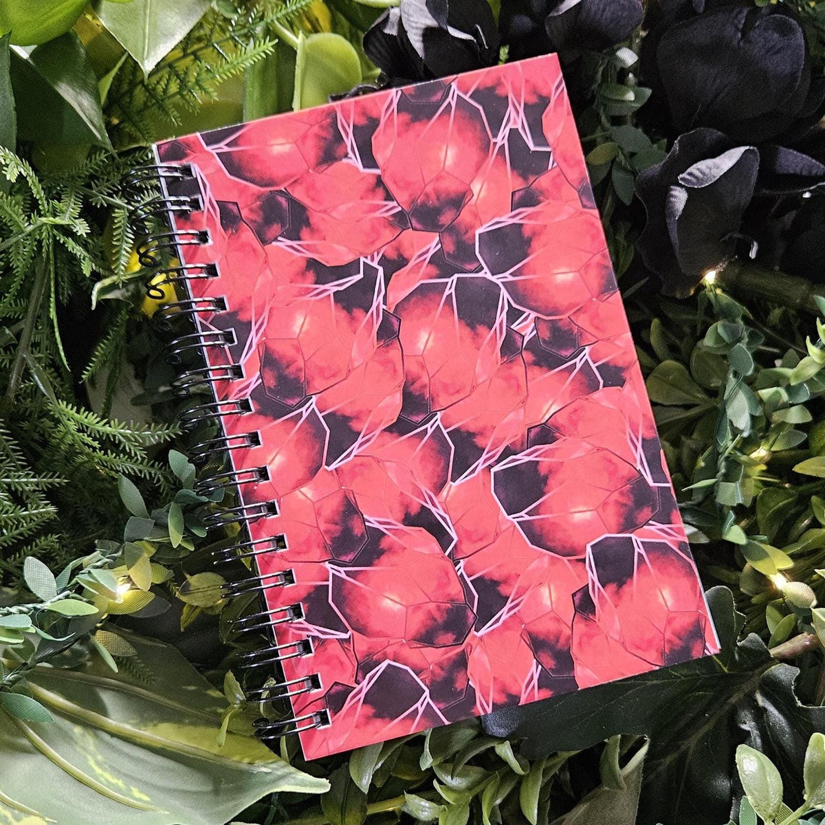 4x6 inches HANDMADE SPIRAL NOTEBOOK: Garnet Crystal with Carnations Acornandcrowstudio