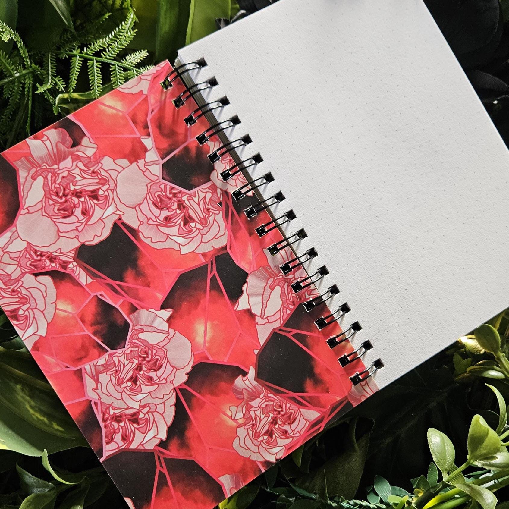 4x6 inches HANDMADE SPIRAL NOTEBOOK: Garnet Crystal with Carnations Acornandcrowstudio