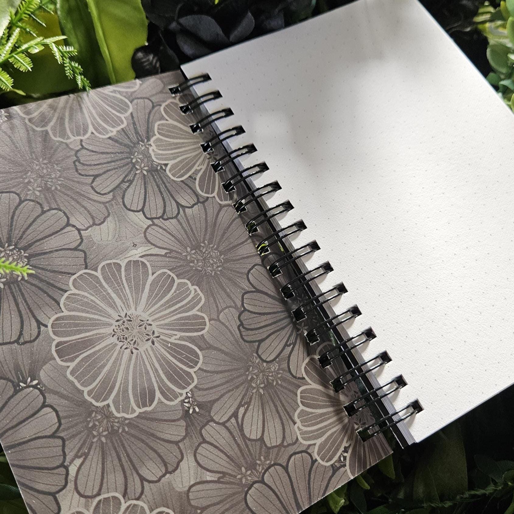 4x6 inches HANDMADE SPIRAL NOTEBOOK: Flourish Skull with Zinnia Flowers Acornandcrowstudio