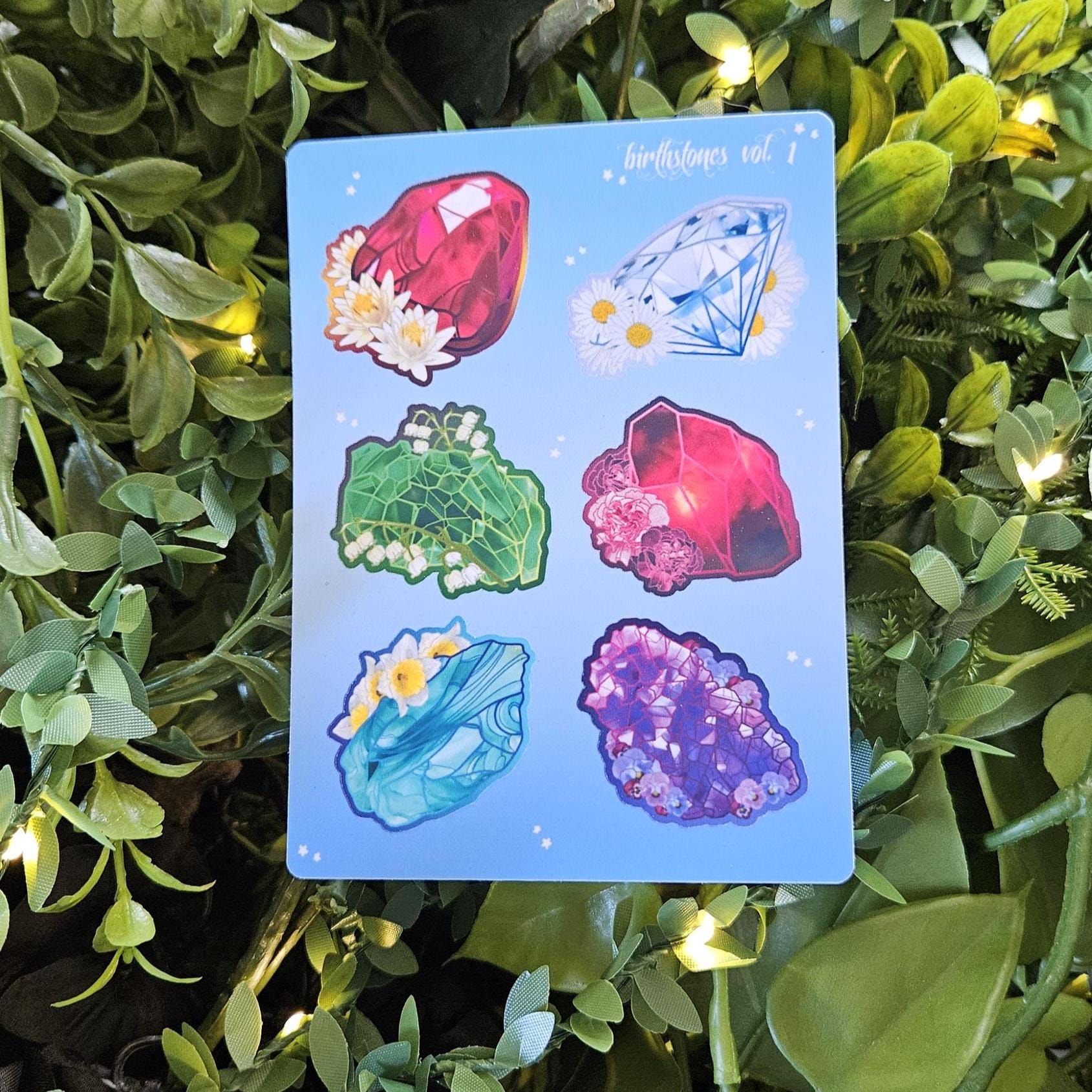 PLANNER STICKER SHEET : Birthstone Crystals Part 1 - Garnet , Amethyst, Aquamarine, Diamond, Emerald, Ruby Acornandcrowstudio