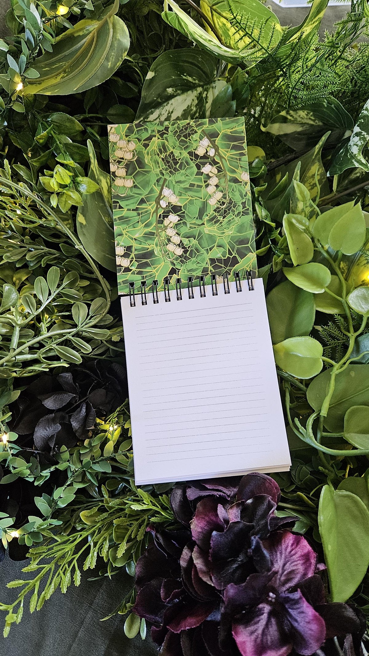 4x5 inches HANDMADE Top Bound SPIRAL NOTEBOOK: Emerald with Lily of the Valley Acornandcrowstudio