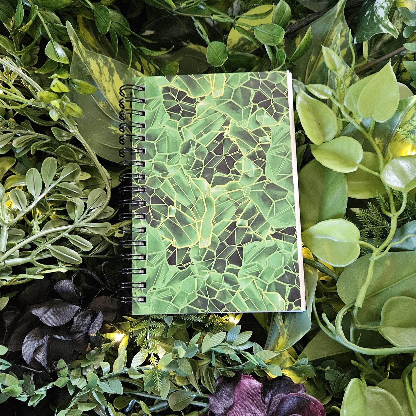 4x6 inches HANDMADE SPIRAL NOTEBOOK: Emerald with Lily of the Valley Acornandcrowstudio