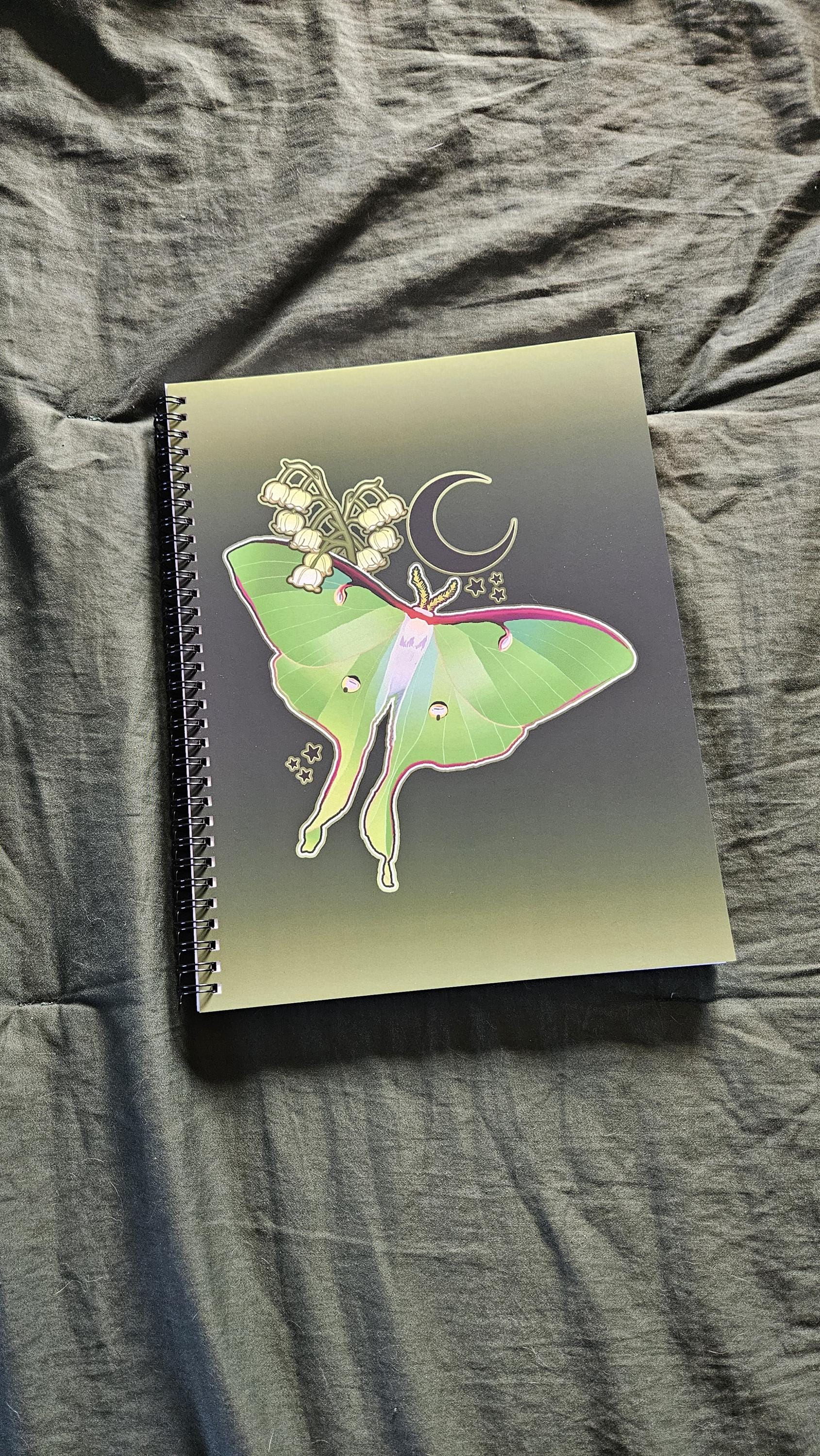 8.5 x 11 HANDMADE SPIRAL NOTEBOOK: Luna Moth and Lily of the Valley Acornandcrowstudio