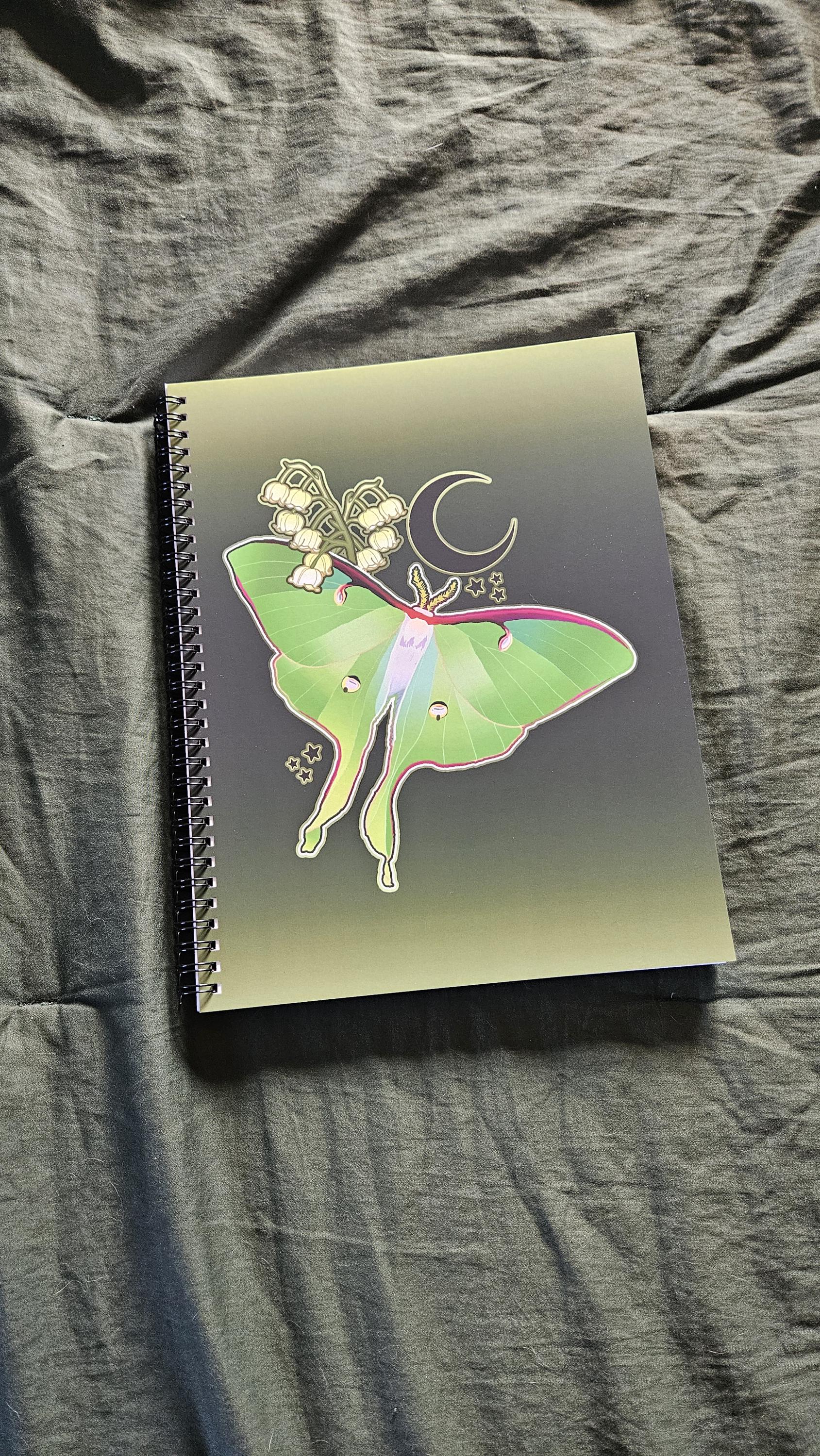 8.5 x 11 HANDMADE SPIRAL NOTEBOOK: Luna Moth and Lily of the Valley Acornandcrowstudio