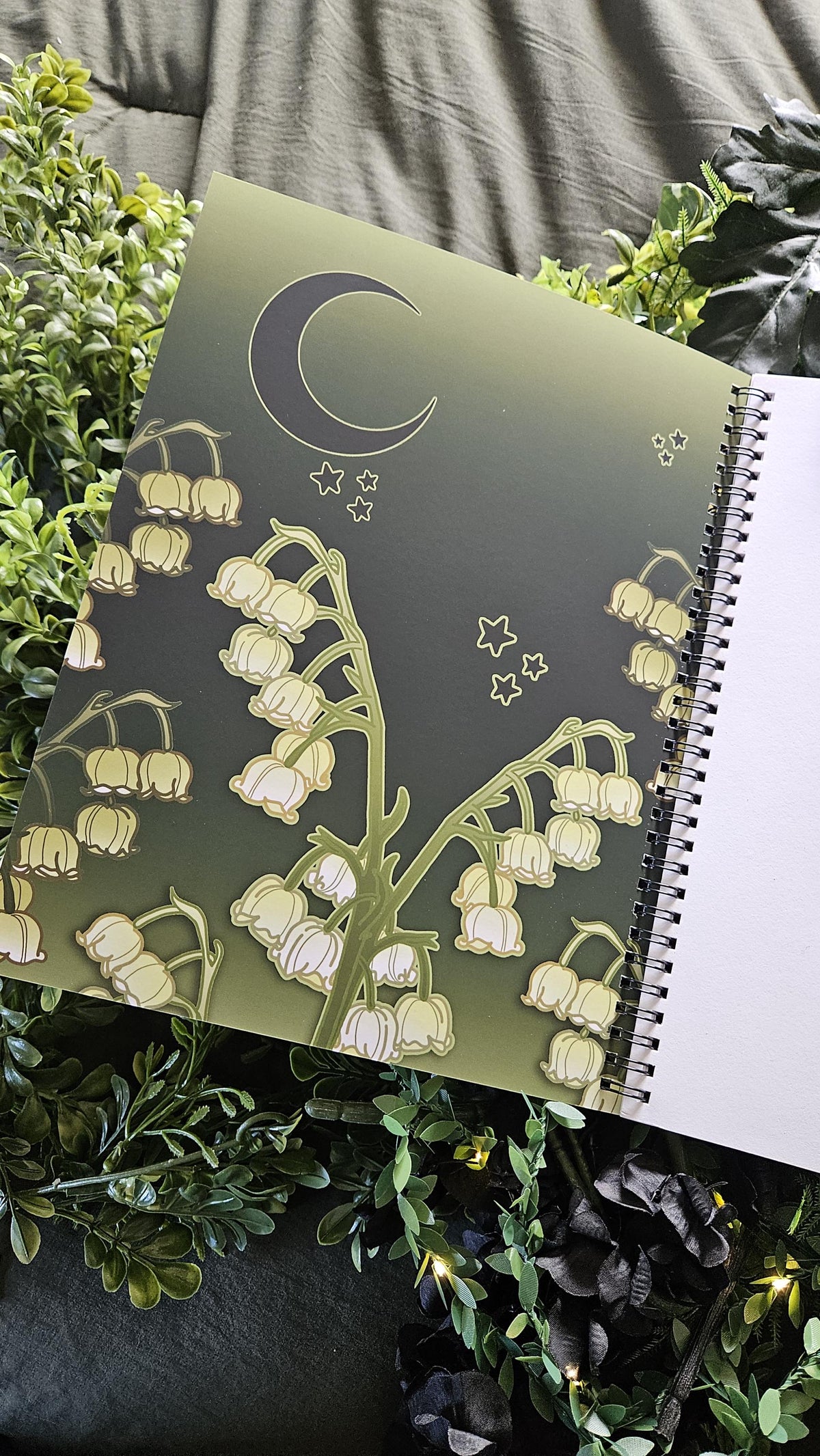 8.5 x 11 HANDMADE SPIRAL NOTEBOOK: Luna Moth and Lily of the Valley Acornandcrowstudio