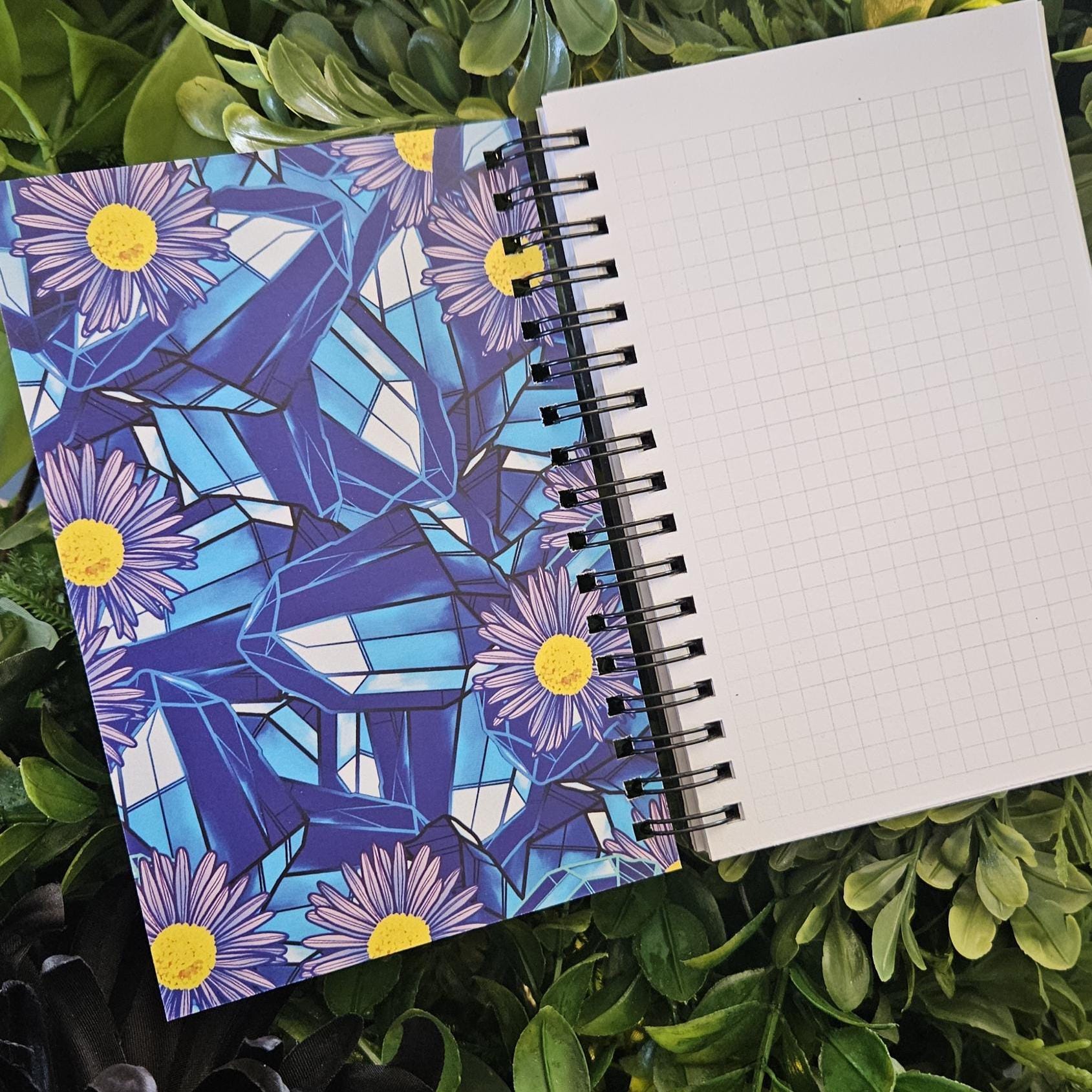 4x6 inches HANDMADE SPIRAL NOTEBOOK: Sapphire with Aster Flowers Acornandcrowstudio