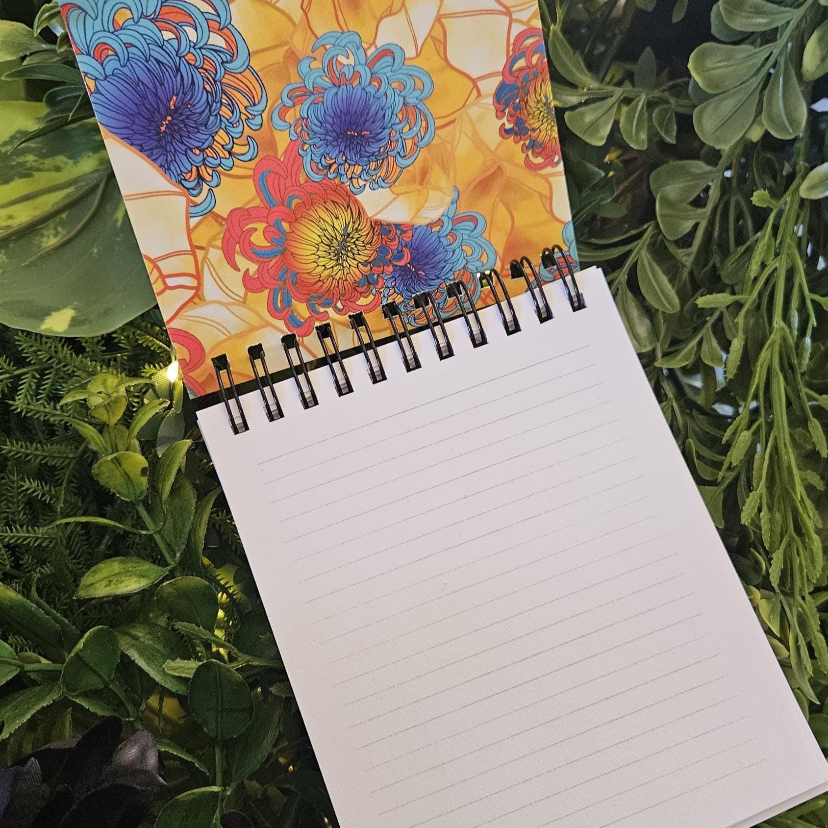 4x5 inches HANDMADE Top Bound SPIRAL NOTEBOOK: Topaz with Chrysanthemum Flowers Acornandcrowstudio