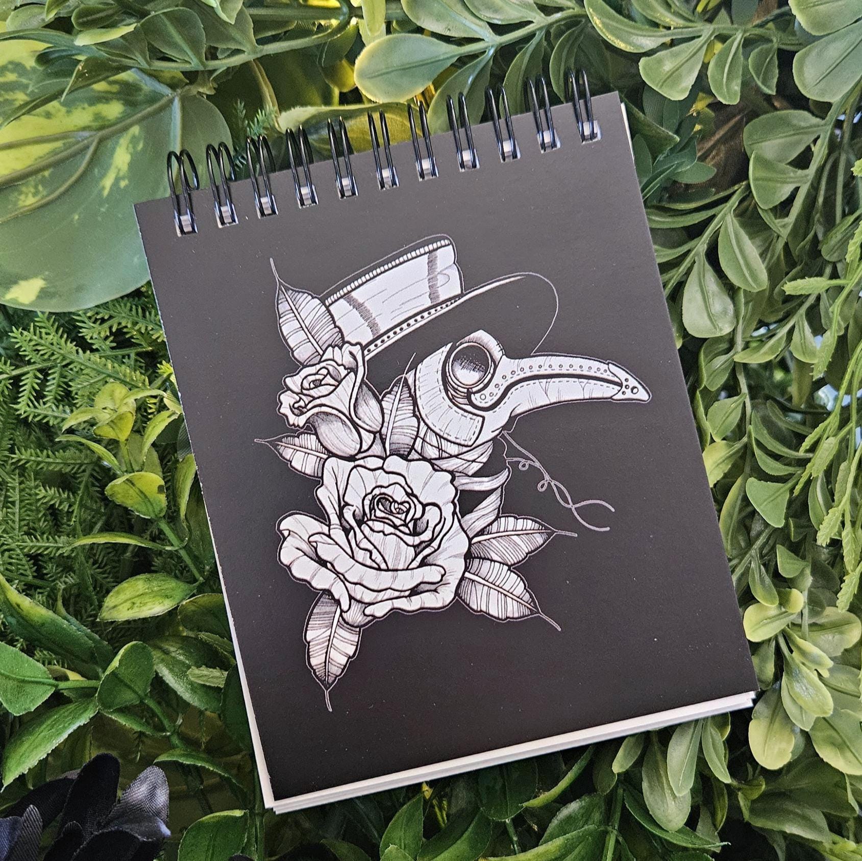 4x5 inches HANDMADE Top Bound SPIRAL NOTEBOOK: Plague Doctor with Roses Acornandcrowstudio