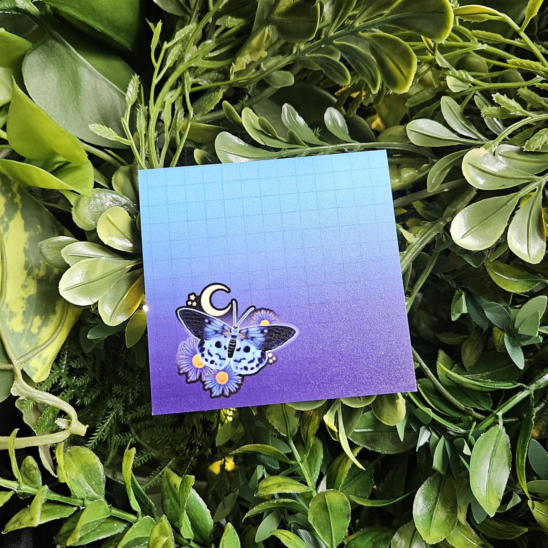 STICKY NOTES: Blue Tiger Moth with Aster Flowers Acornandcrowstudio
