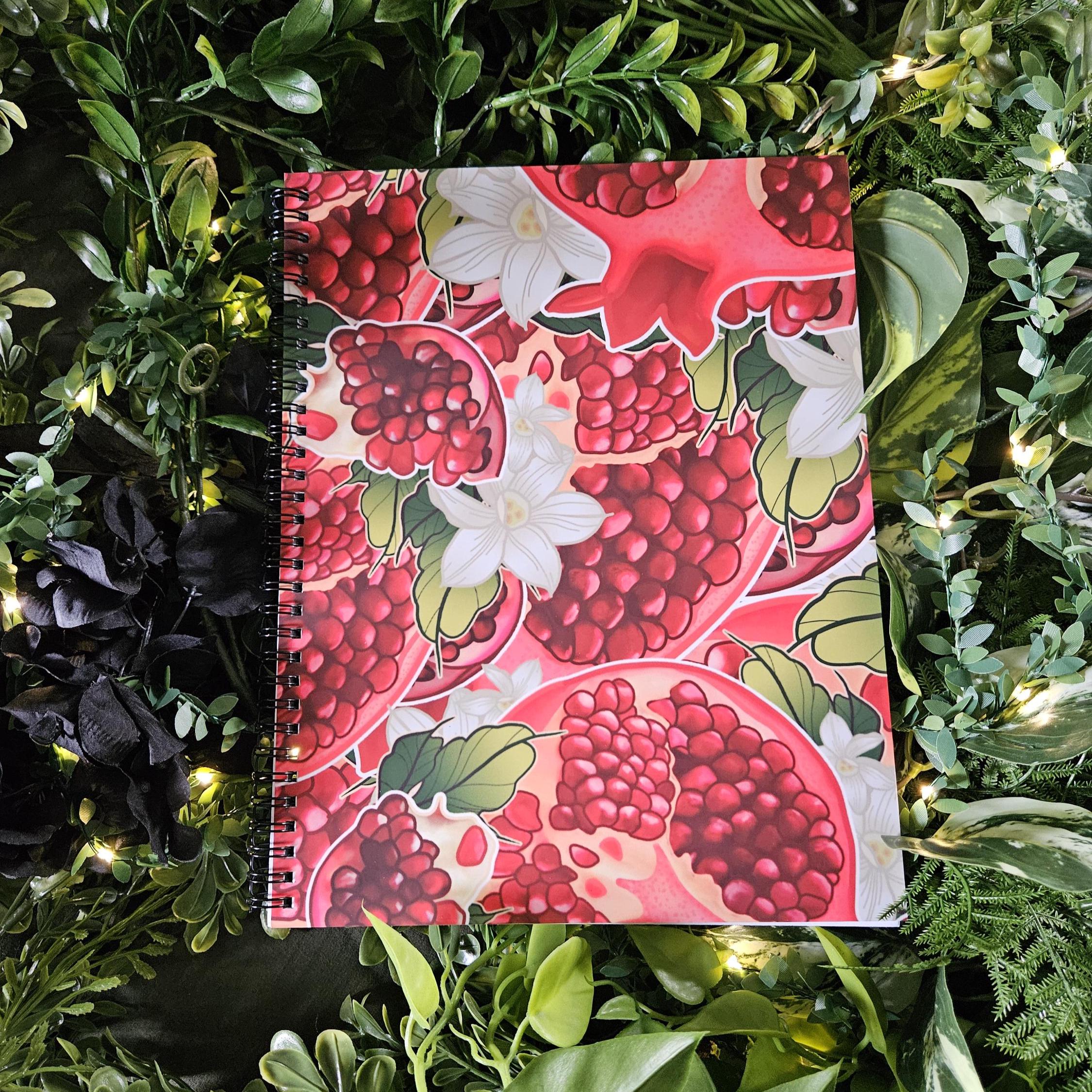 8.5 x 11 HANDMADE SPIRAL NOTEBOOK: Pomegranate and Narcissus Flowers Acornandcrowstudio