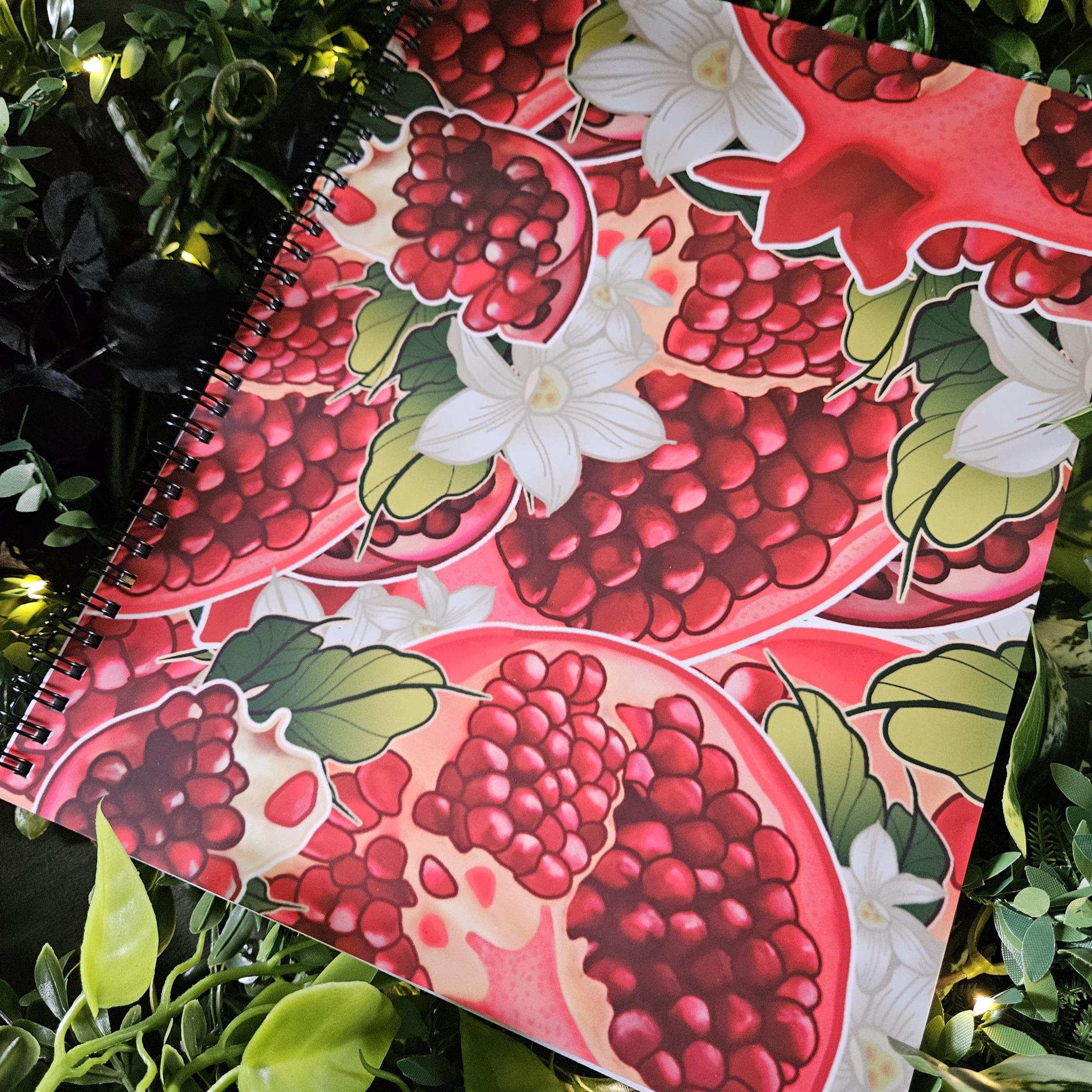 8.5 x 11 HANDMADE SPIRAL NOTEBOOK: Pomegranate and Narcissus Flowers Acornandcrowstudio