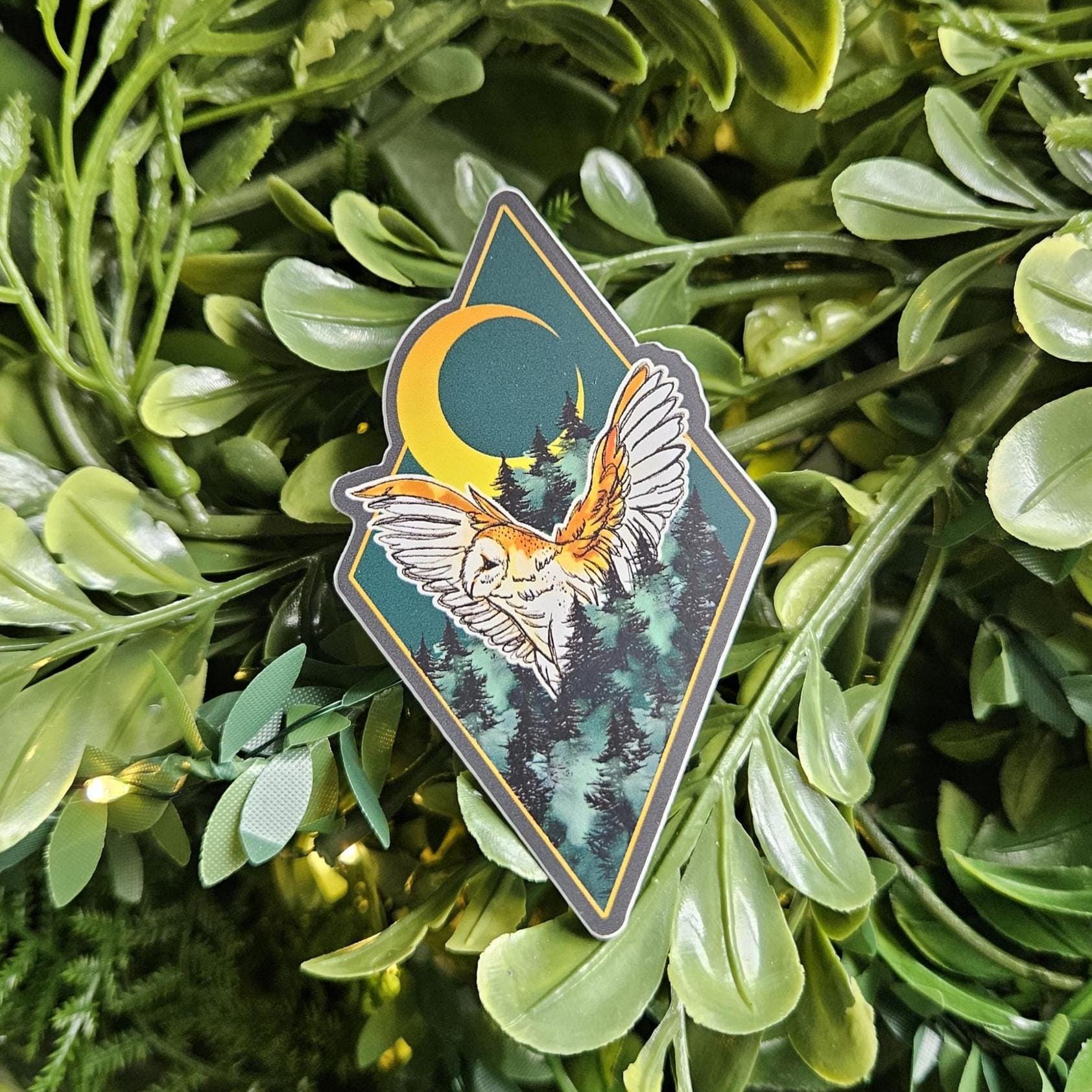 MATTE STICKER: Barn Owl in the Dark Forest Decorative Sticker Acornandcrowstudio