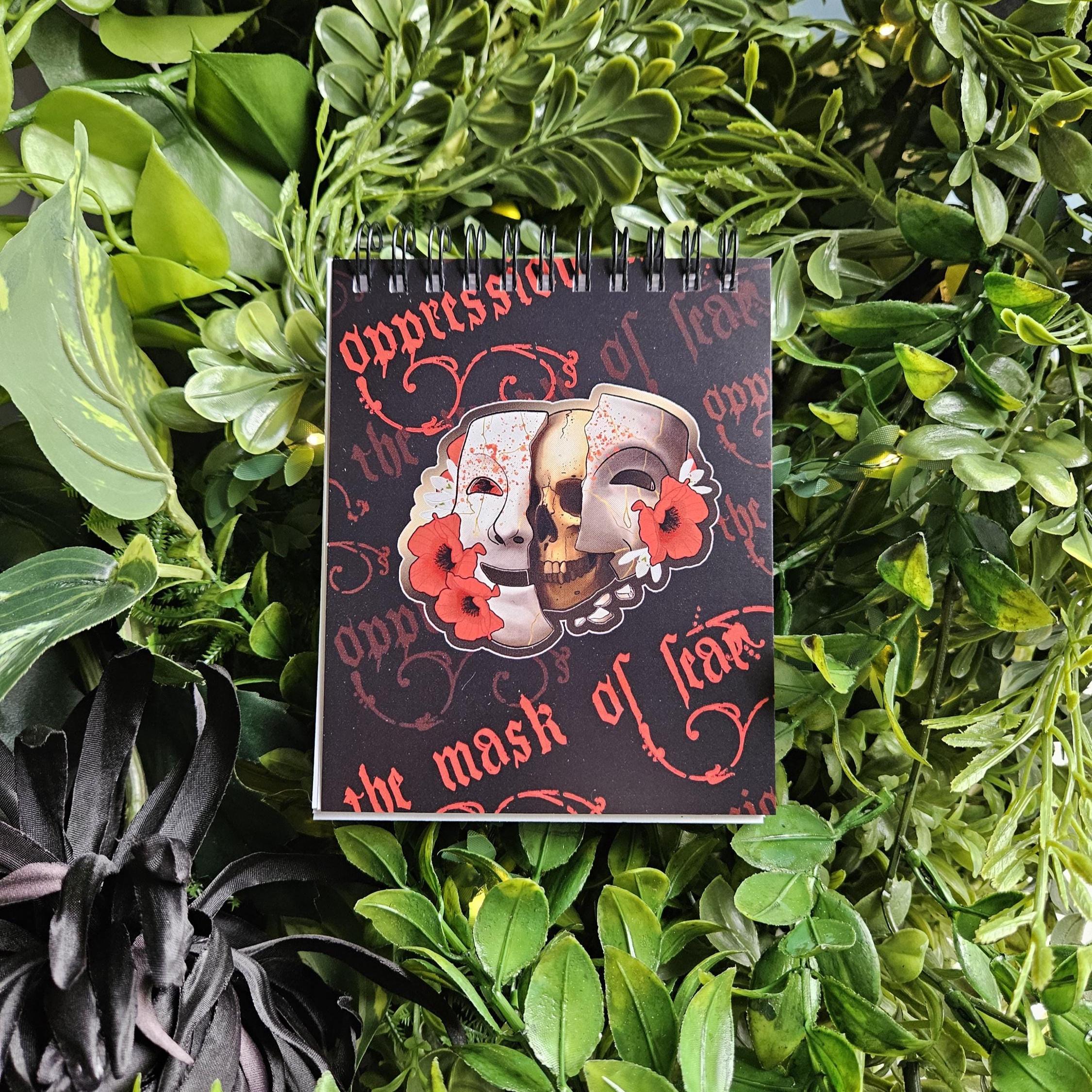 4x5 TOP BOUND Handmade Spiral NOTEBOOK: Mask of Fear Acornandcrowstudio