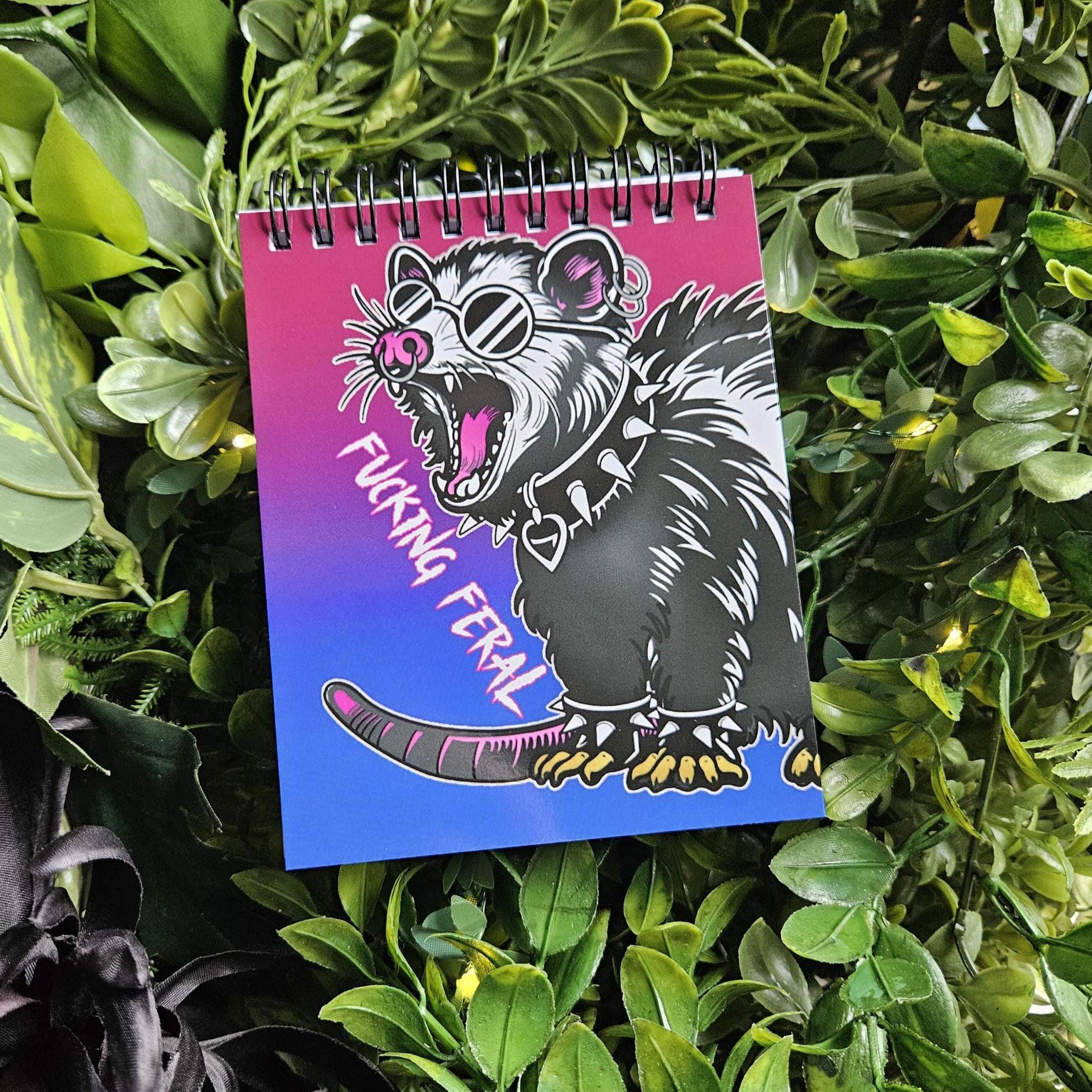 4x5 TOP BOUND Handmade Spiral NOTEBOOK: F*cking Feral Opossum Acornandcrowstudio
