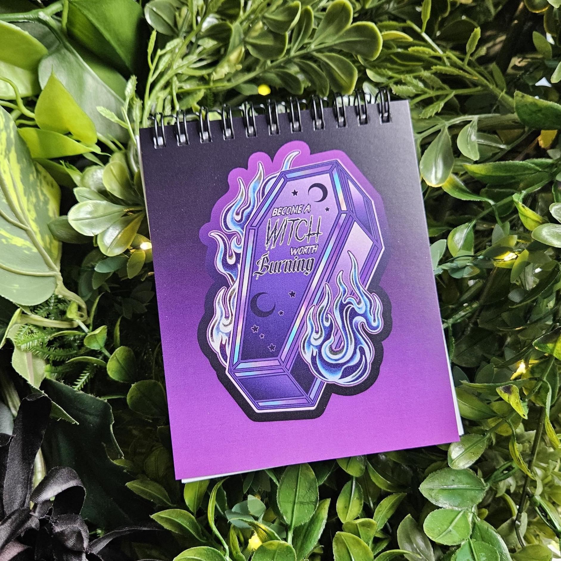 4x5 TOP BOUND Handmade Spiral NOTEBOOK: Become a Witch Worth Burning Purple Coffin Acornandcrowstudio