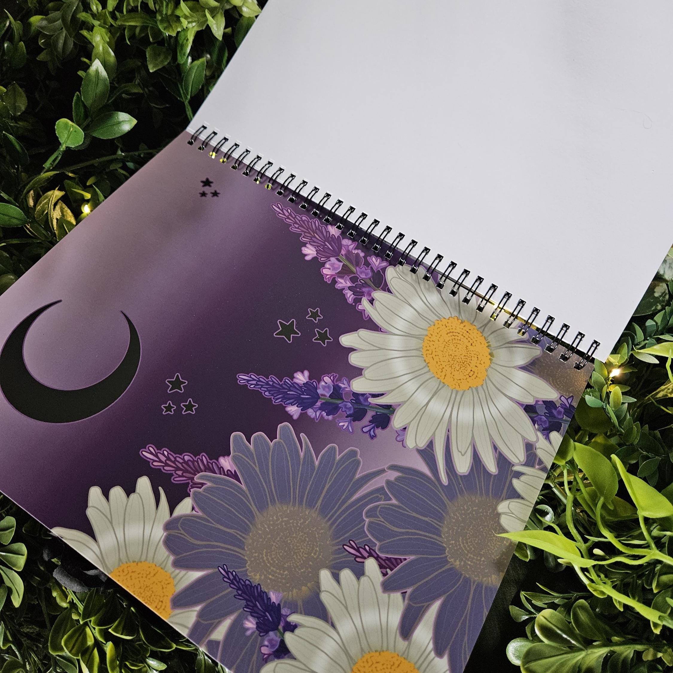 8.5 x 11 HANDMADE SPIRAL NOTEBOOK: White Witch Moth with Daisies and Lavender Acornandcrowstudio