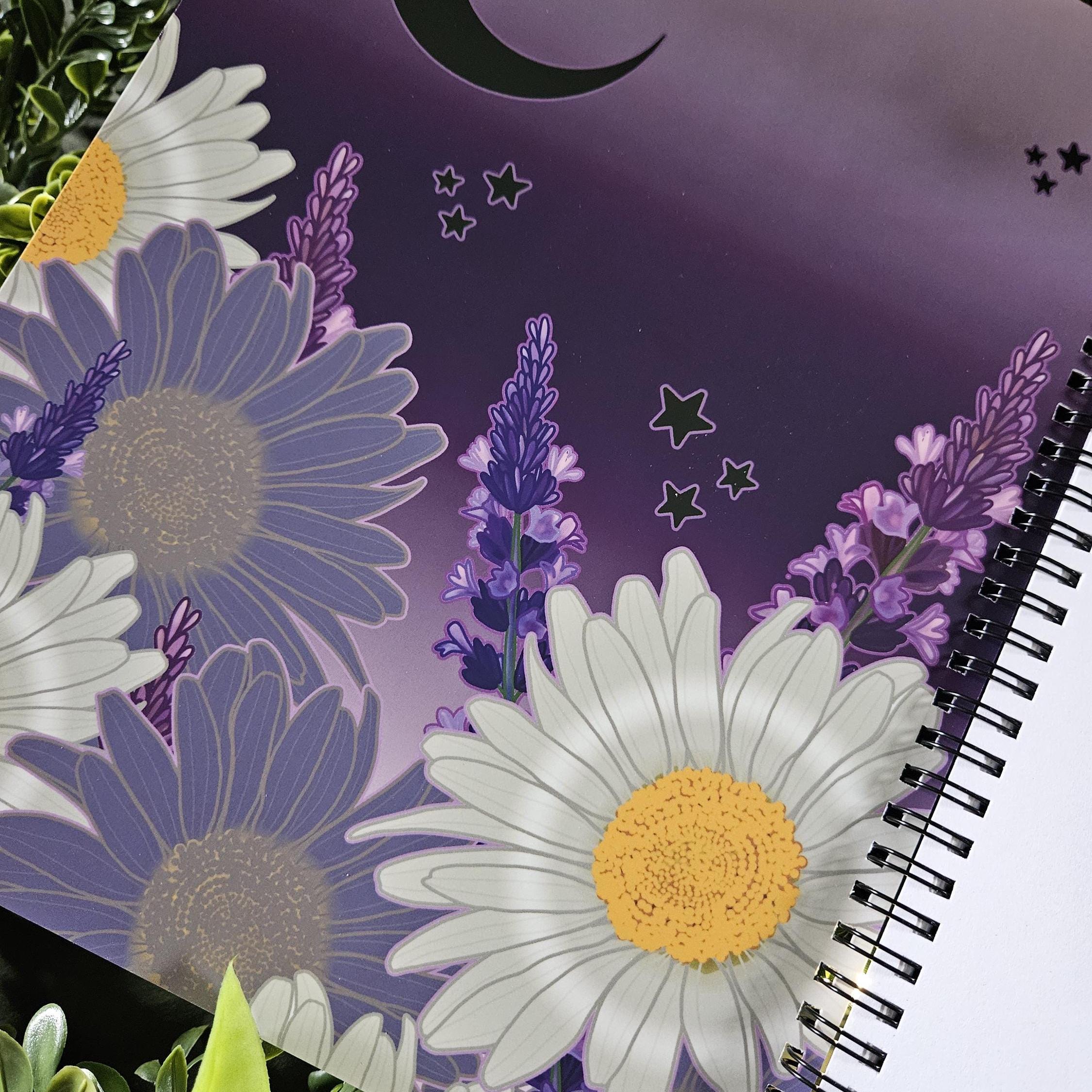 8.5 x 11 HANDMADE SPIRAL NOTEBOOK: White Witch Moth with Daisies and Lavender Acornandcrowstudio