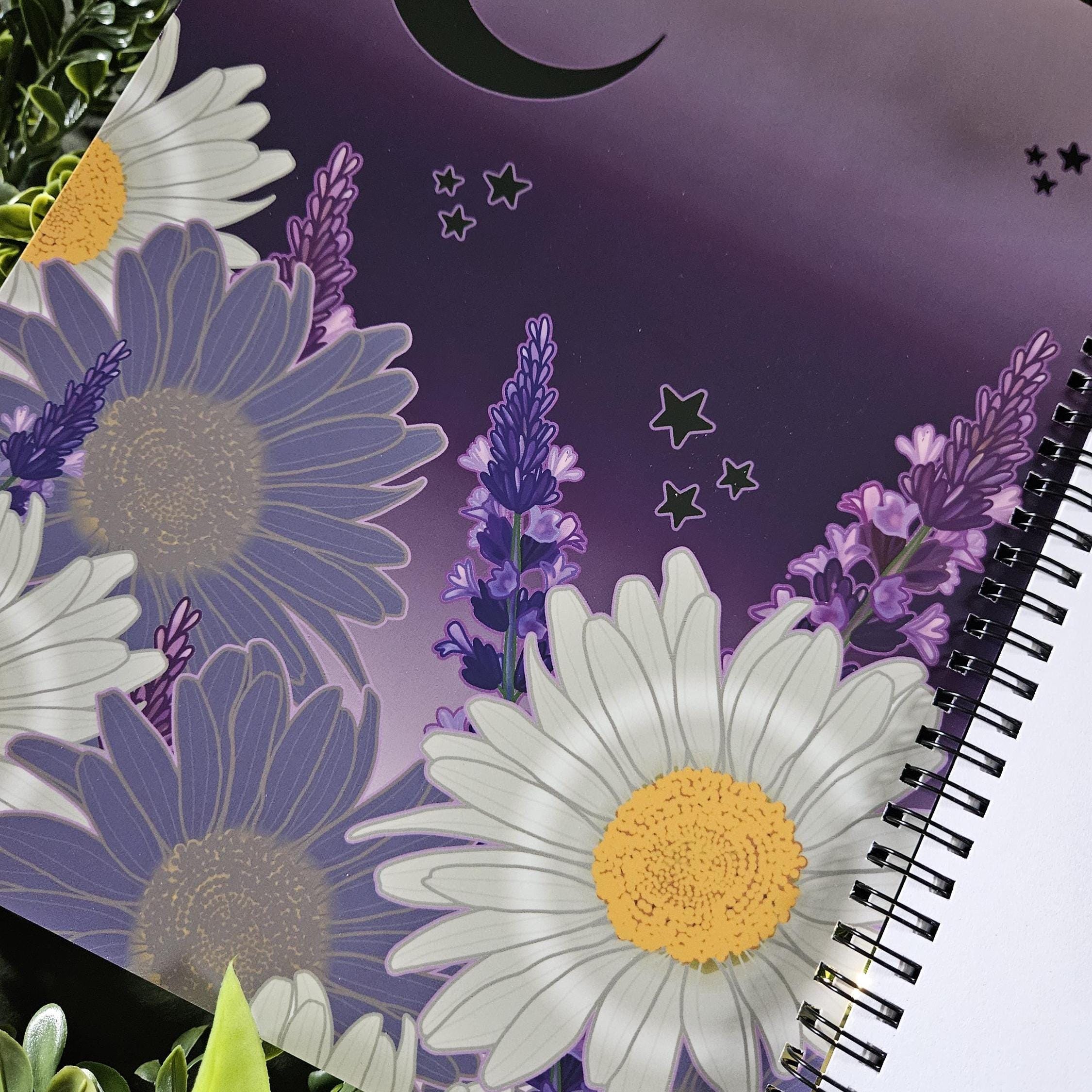 8.5 x 11 HANDMADE SPIRAL NOTEBOOK: White Witch Moth with Daisies and Lavender Acornandcrowstudio