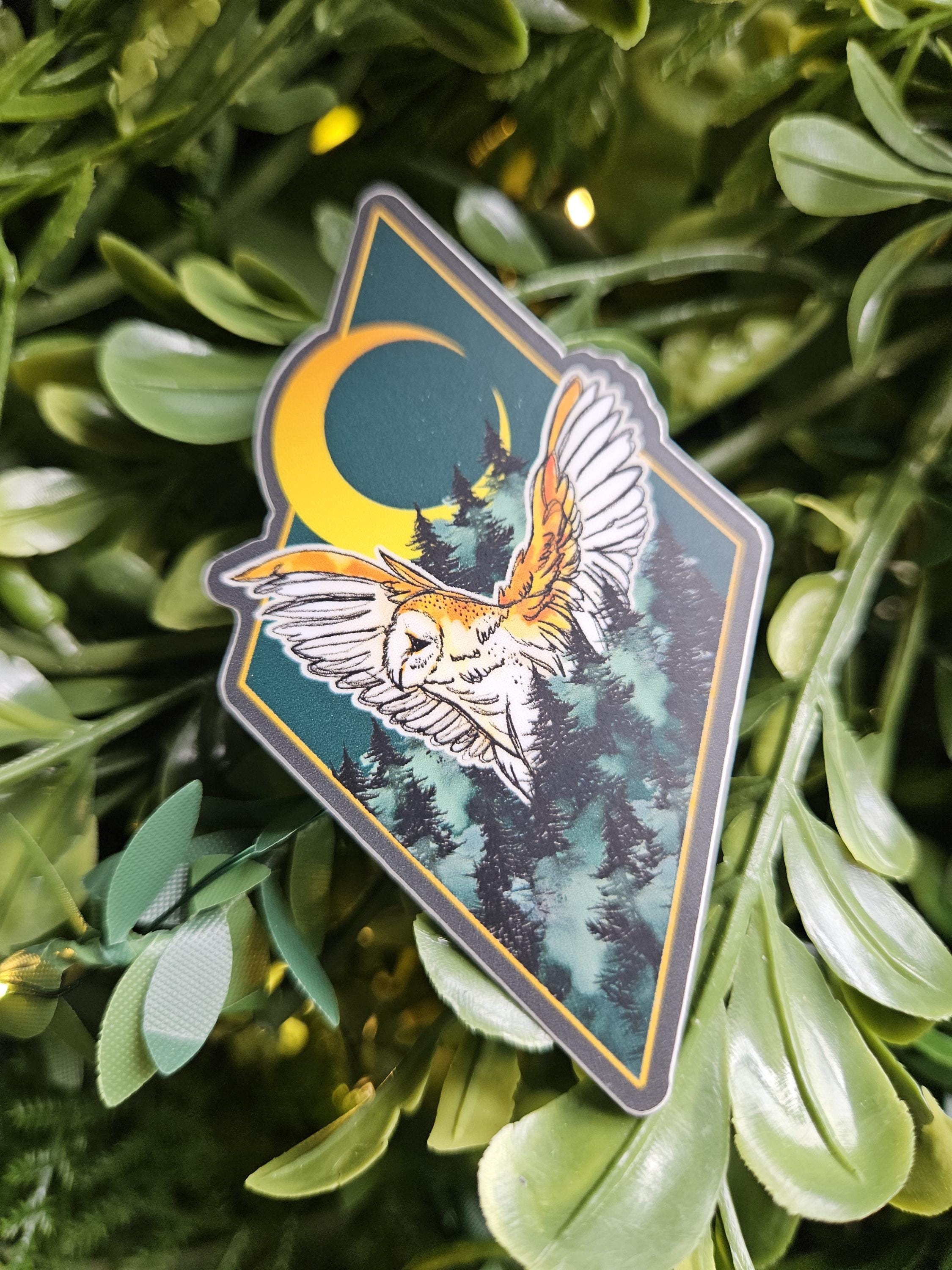 MATTE STICKER: Barn Owl in the Dark Forest Decorative Sticker Acornandcrowstudio