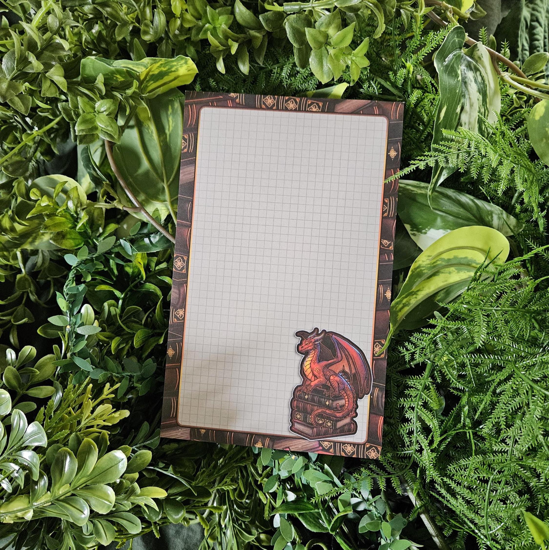 NOTEPAD 5 x 8: Gideon the Book Dragon Grid Pages Acornandcrowstudio