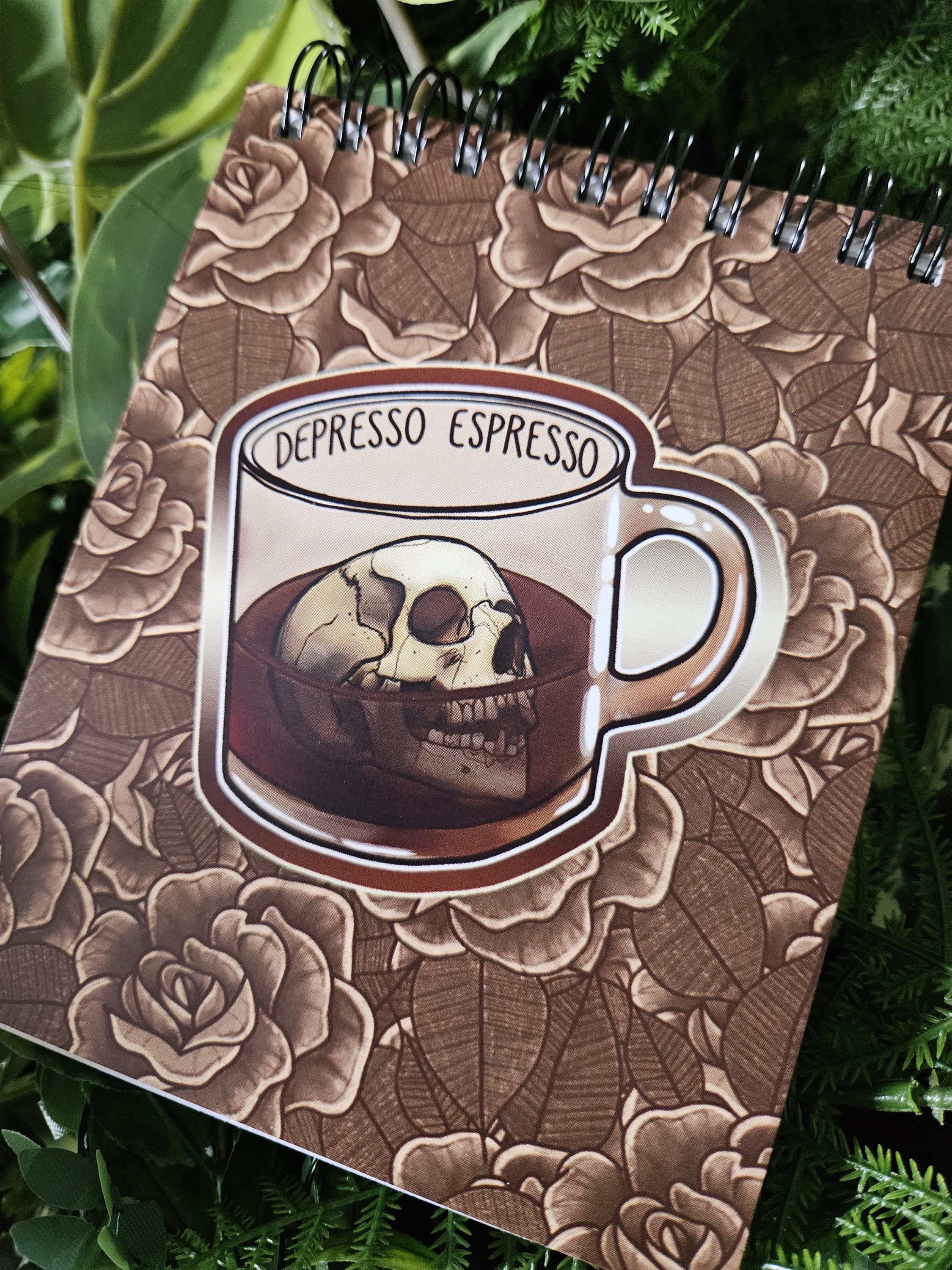 4x5 inches HANDMADE Top Bound Spiral Notebook: Depresso Espresso Coffee Mug with Skull Acornandcrowstudio