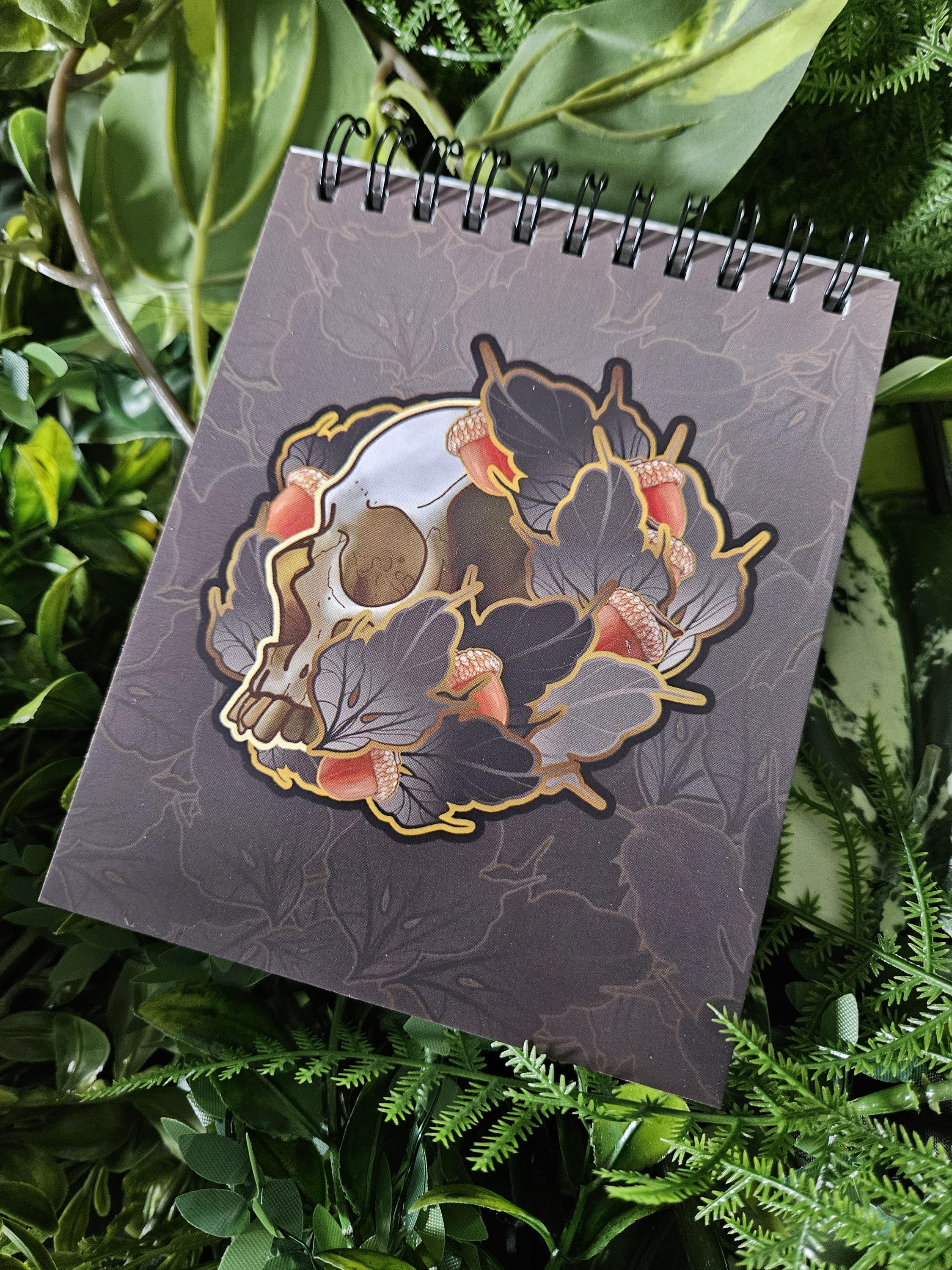 4x5 inches HANDMADE Top Bound Spiral Notebook: Acorn Skull with Leaves Acornandcrowstudio