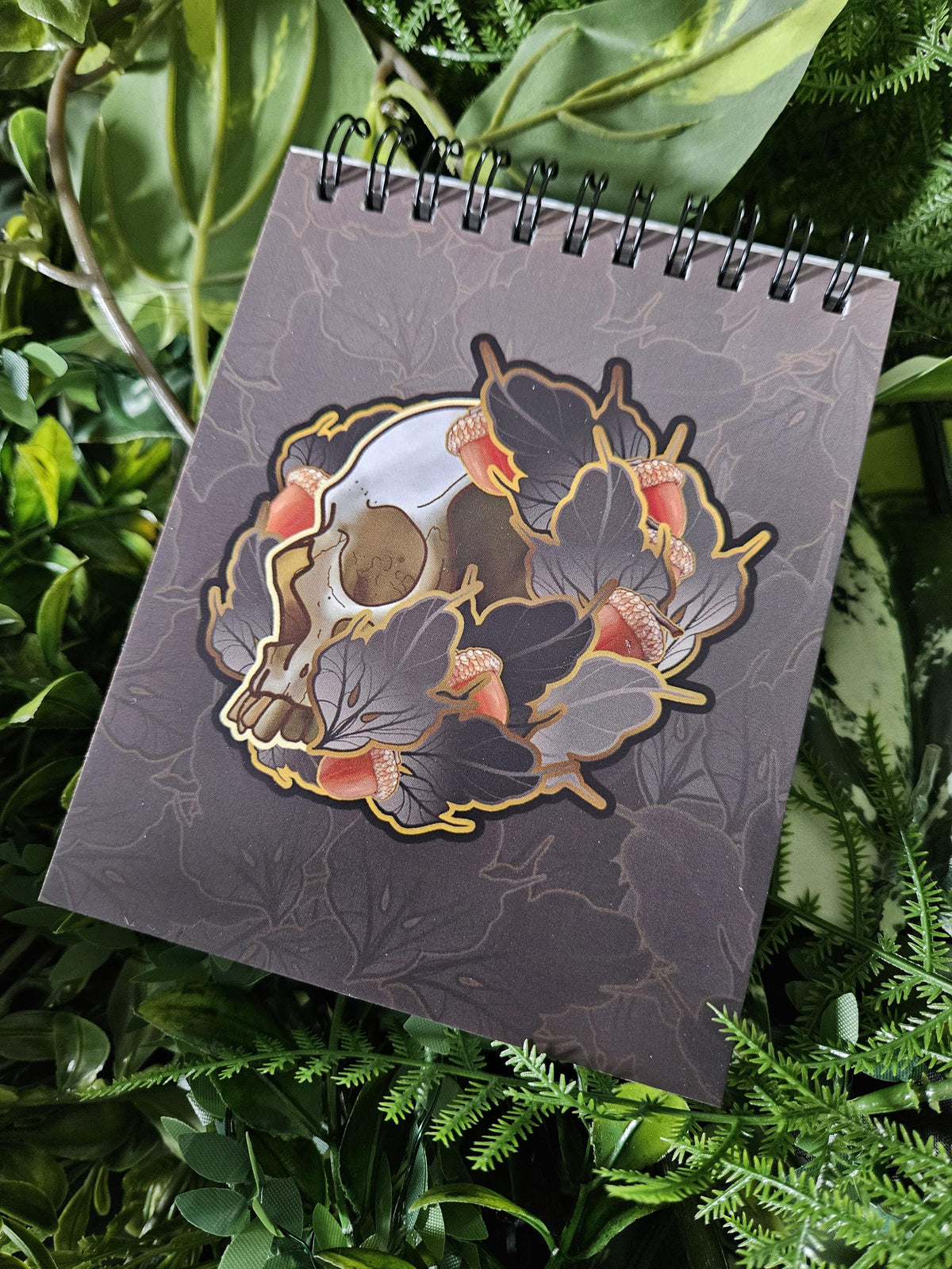 4x5 inches HANDMADE Top Bound Spiral Notebook: Acorn Skull with Leaves