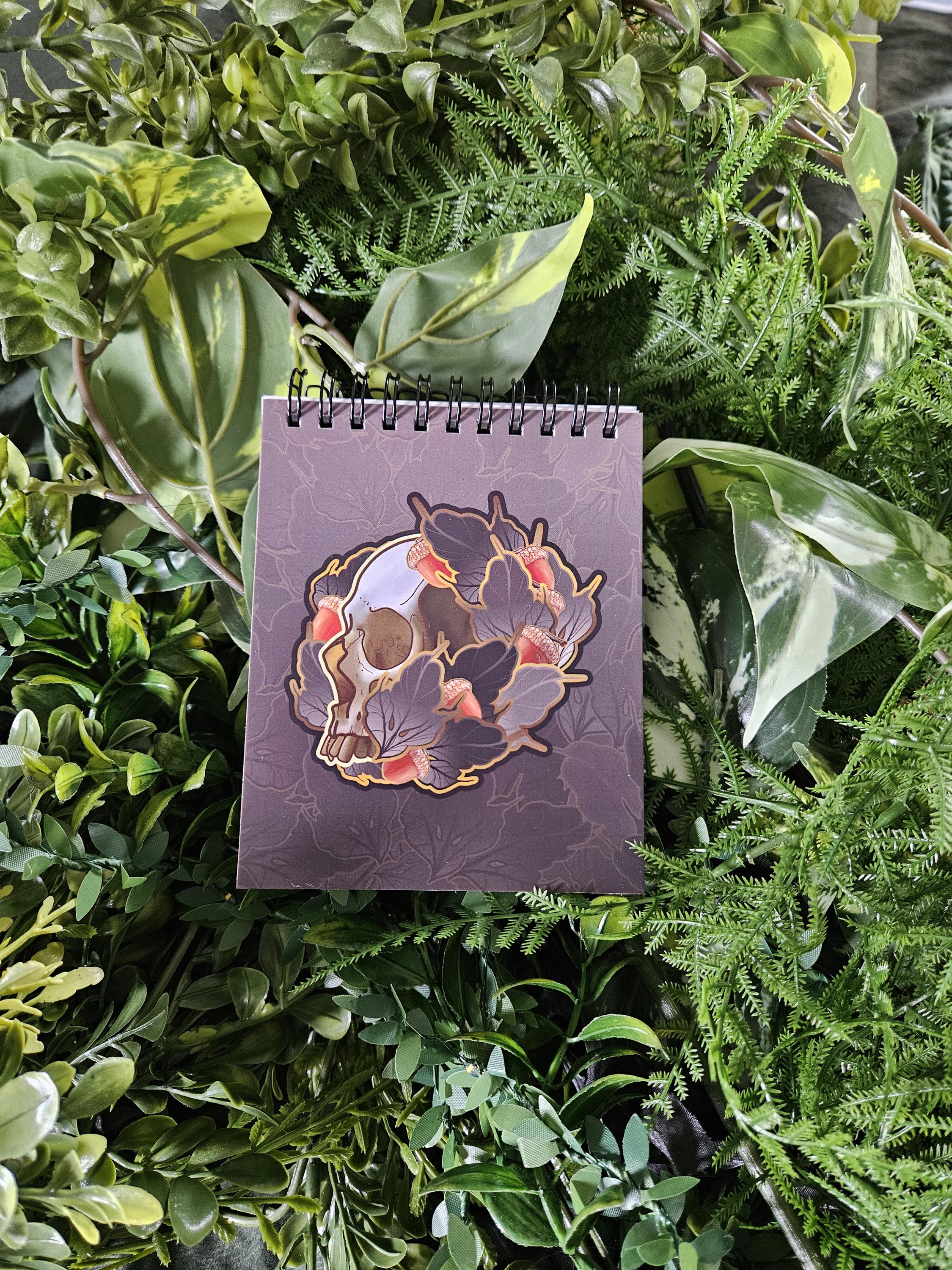 4x5 inches HANDMADE Top Bound Spiral Notebook: Acorn Skull with Leaves Acornandcrowstudio