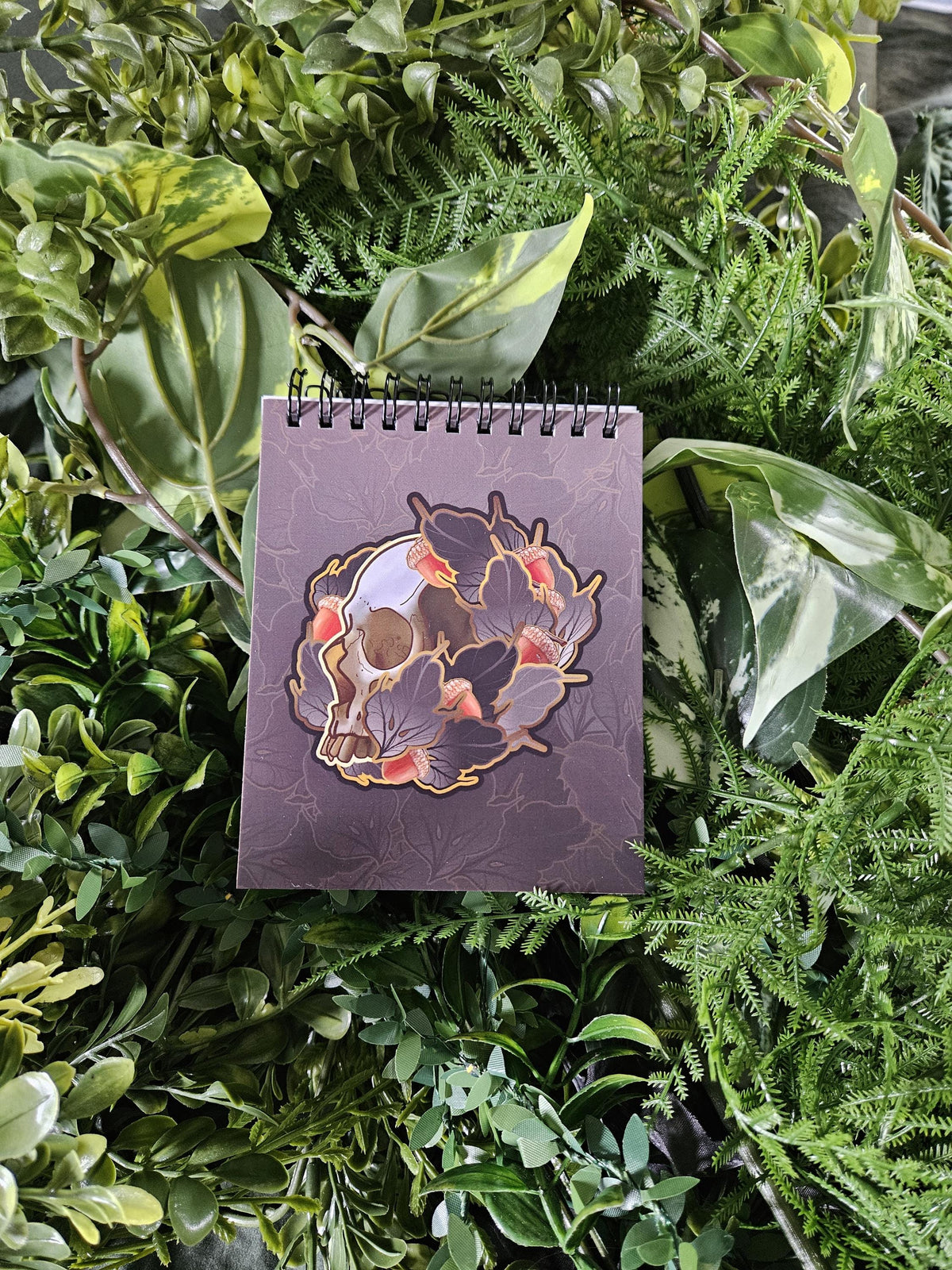 4x5 inches HANDMADE Top Bound Spiral Notebook: Acorn Skull with Leaves