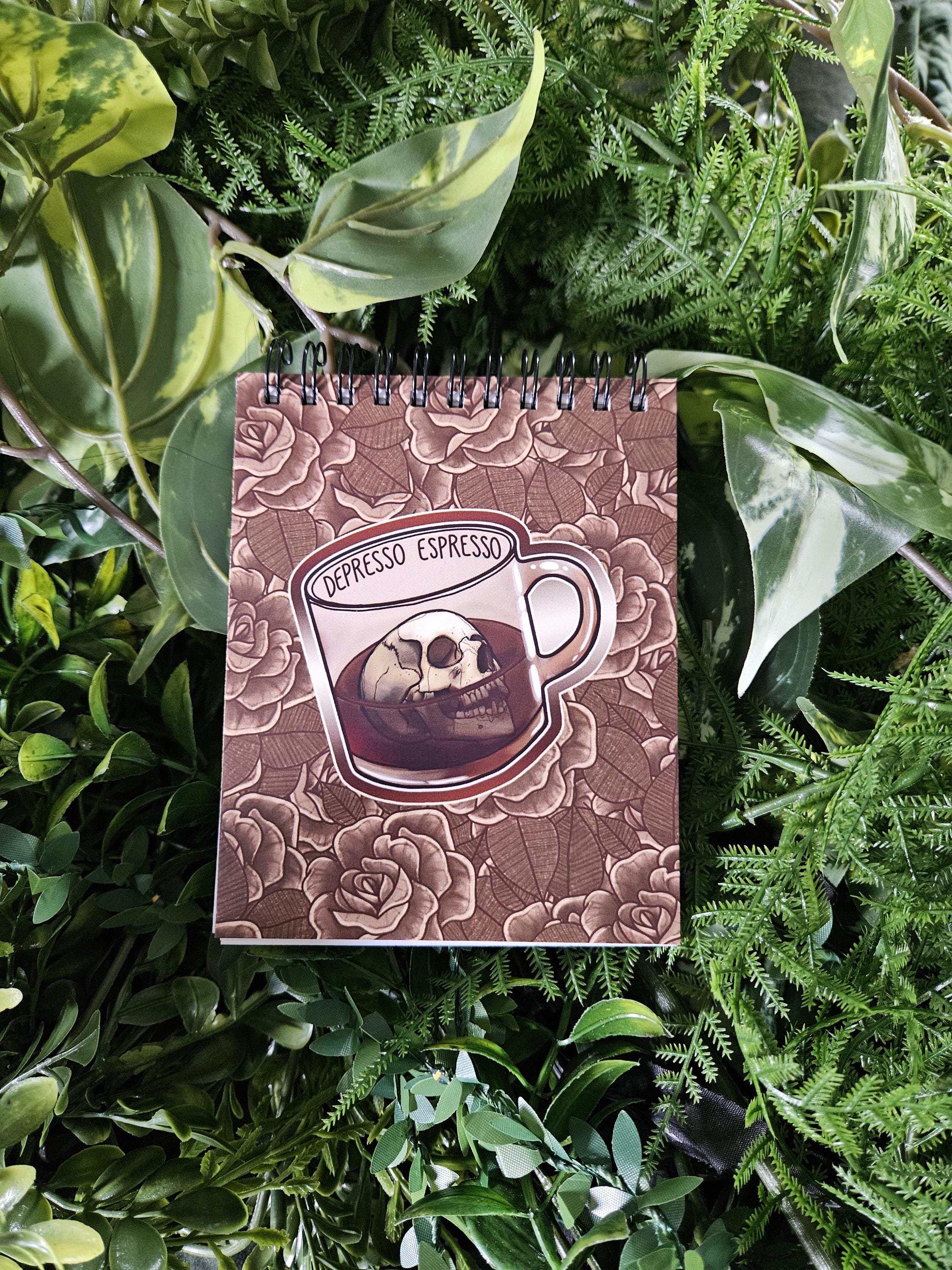 4x5 inches HANDMADE Top Bound Spiral Notebook: Depresso Espresso Coffee Mug with Skull Acornandcrowstudio