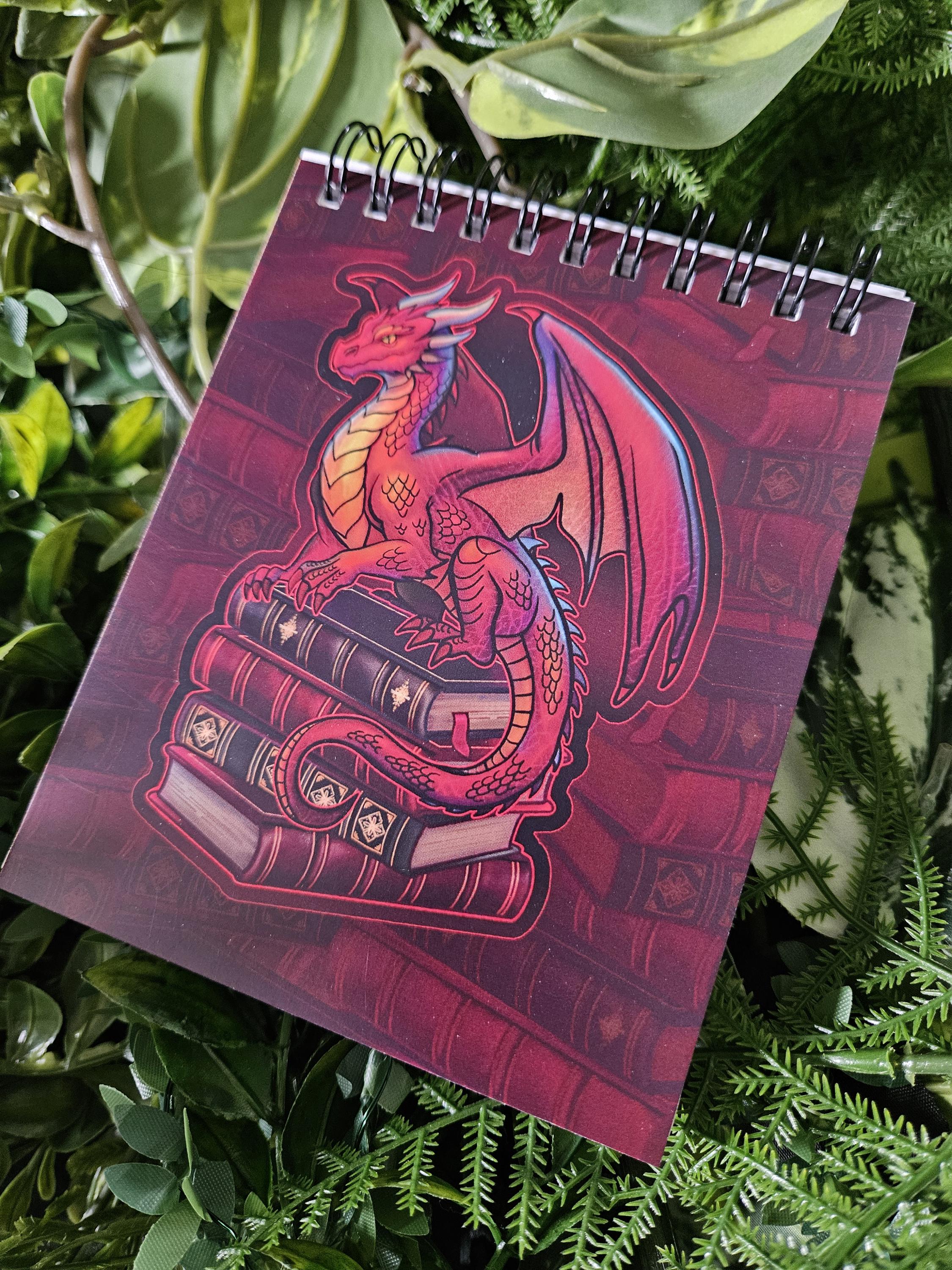 4x5 inches HANDMADE Top Bound Spiral Notebook: Gideon the Red Book Dragon Acornandcrowstudio