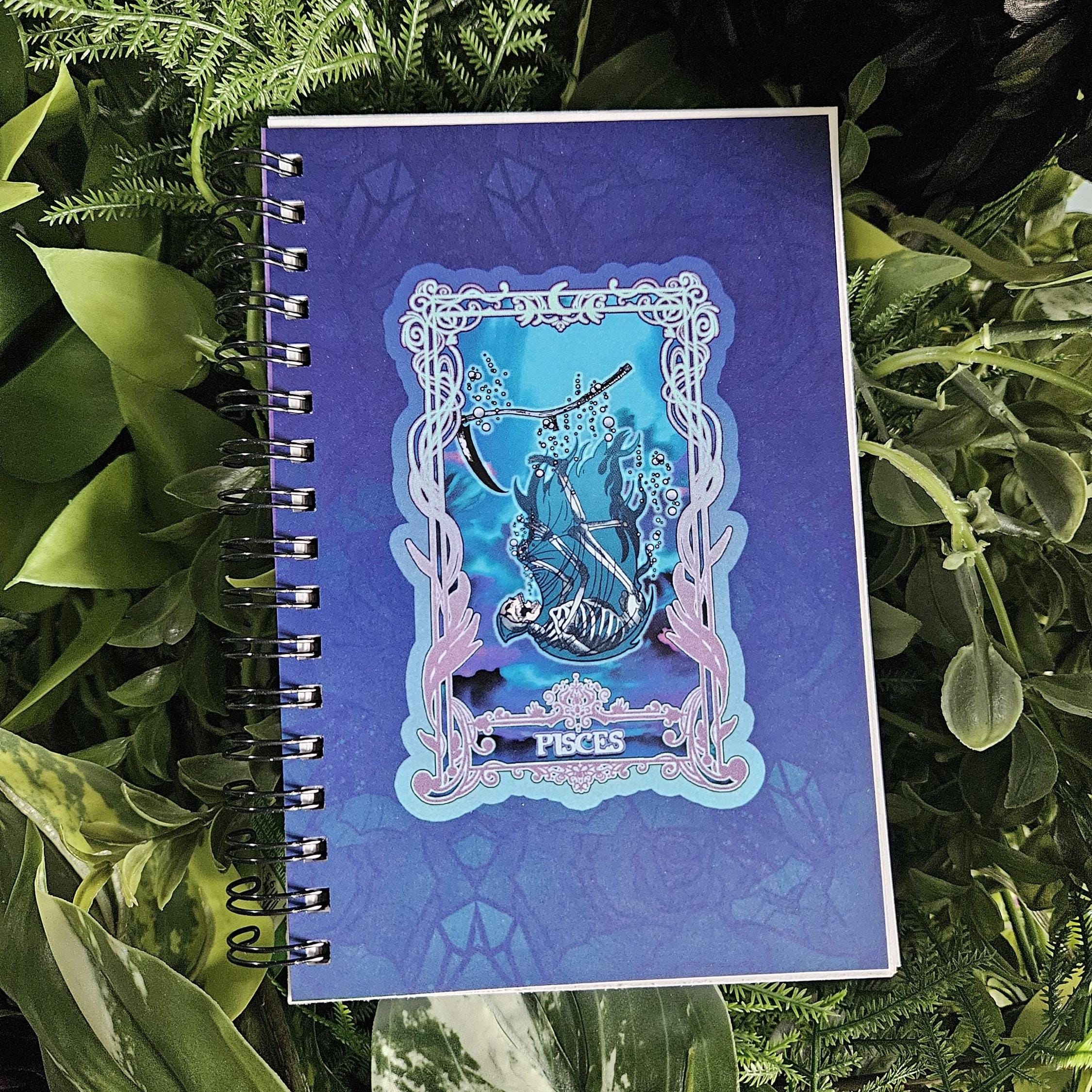 4x6 Handmade SPIRAL NOTEBOOK: PISCES Zodiac Tarot Style Art Acornandcrowstudio