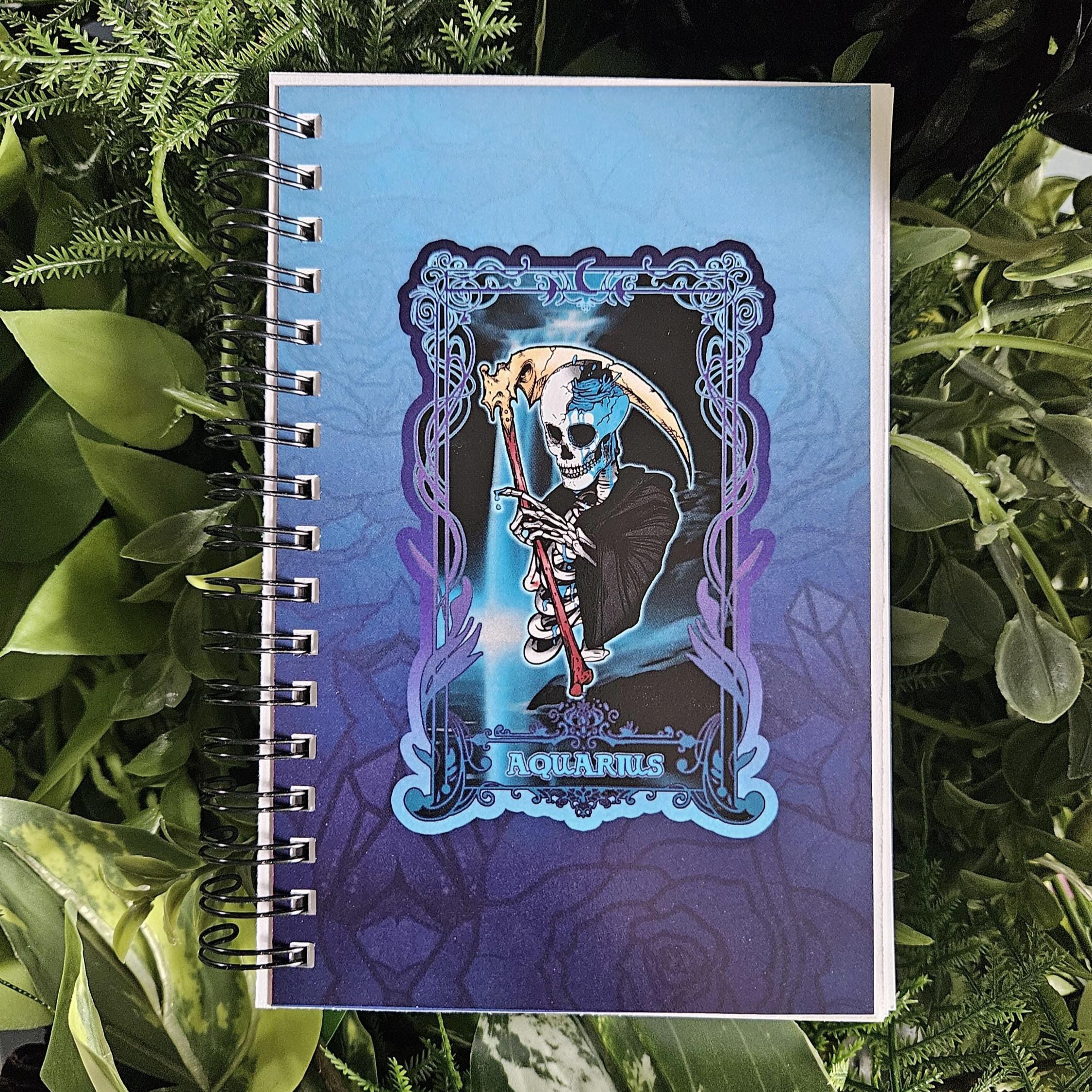 4x6 Handmade SPIRAL NOTEBOOK: AQUARIUS Zodiac Tarot Style Art Acornandcrowstudio