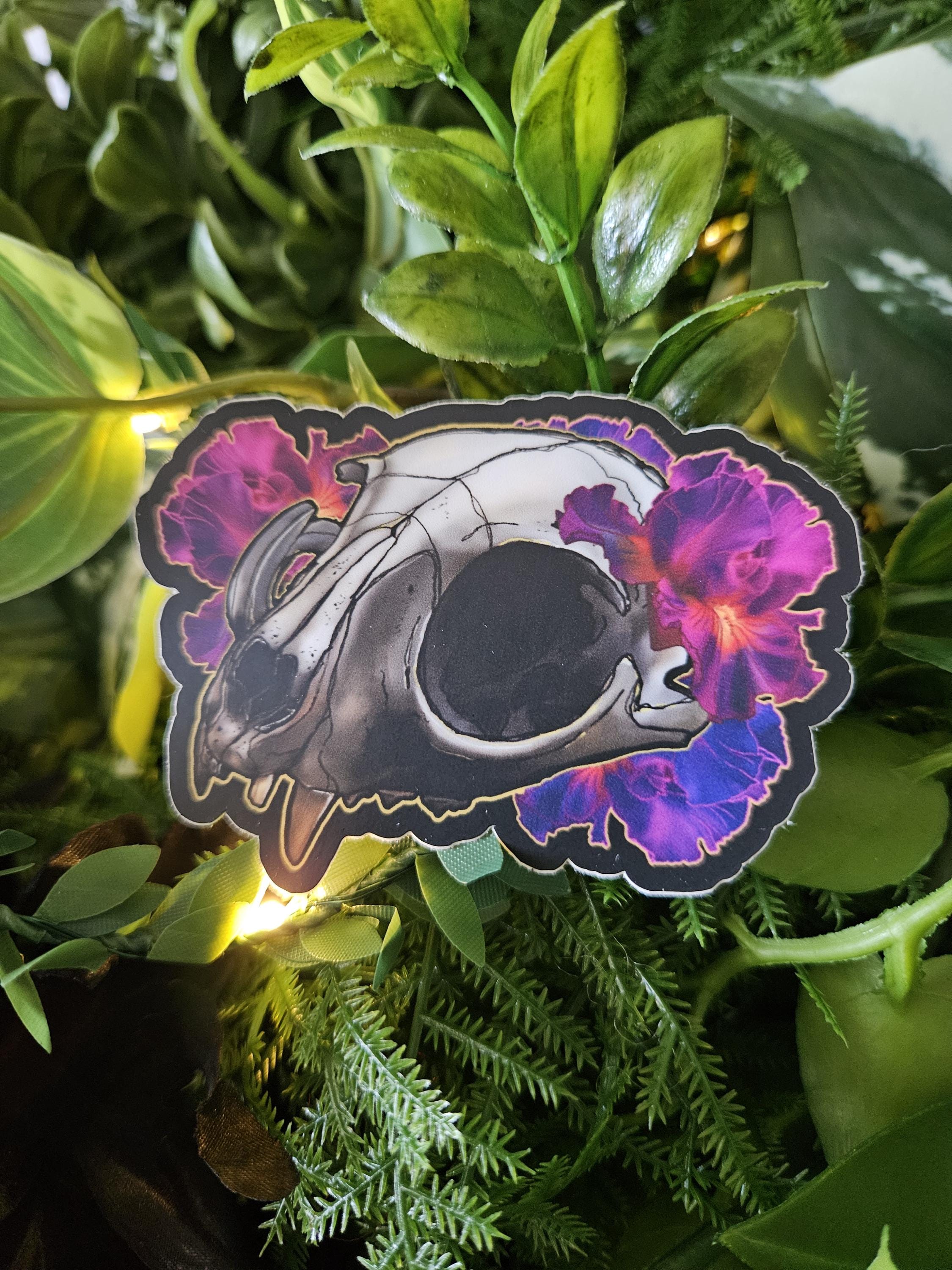 Matte STICKER: Cat Skull and Purple Iris Flower Acornandcrowstudio