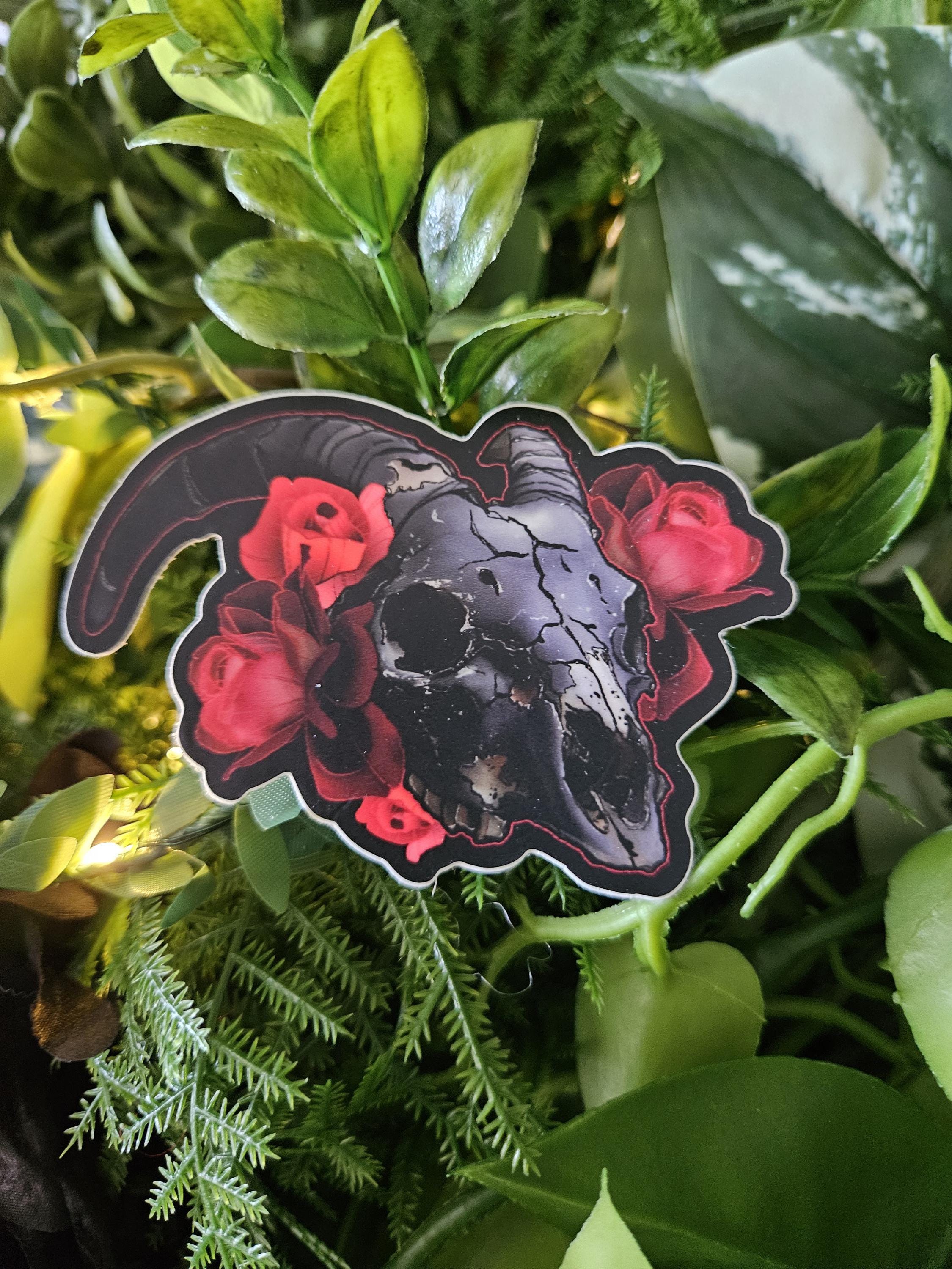Matte STICKER: Goat Skull and Red Roses Acornandcrowstudio