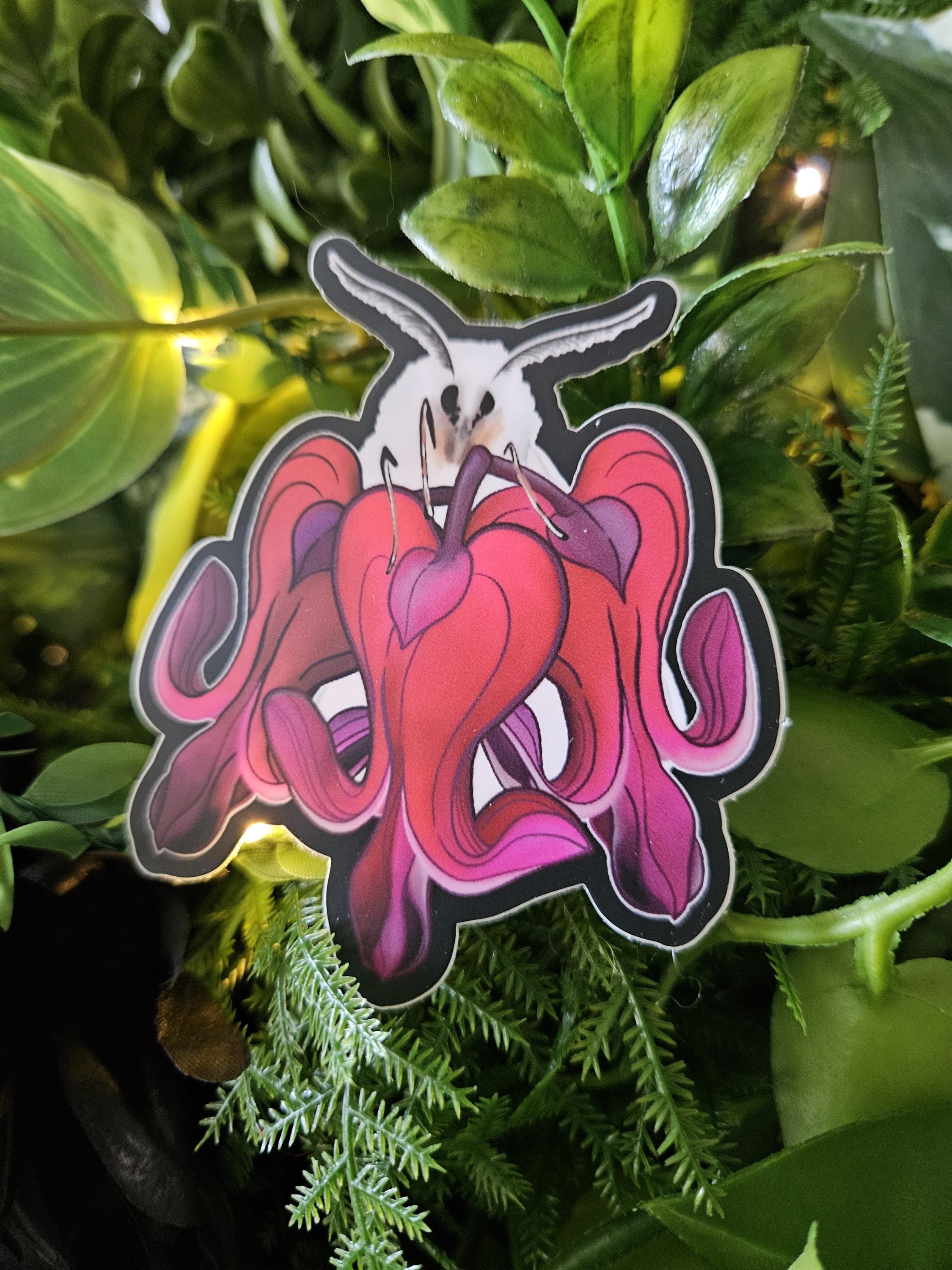 Matte STICKER: Bartholomew the Moth and Bleeding Heart Flowers Acornandcrowstudio