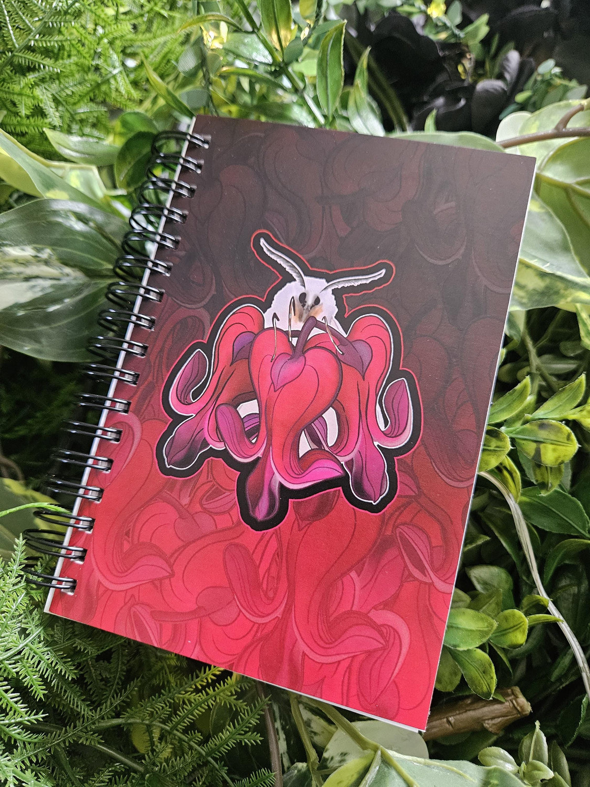 4x6 HANDMADE SPIRAL NOTEBOOK: Bartholomew the White Moth with Bleeding Heart Flowers Acornandcrowstudio